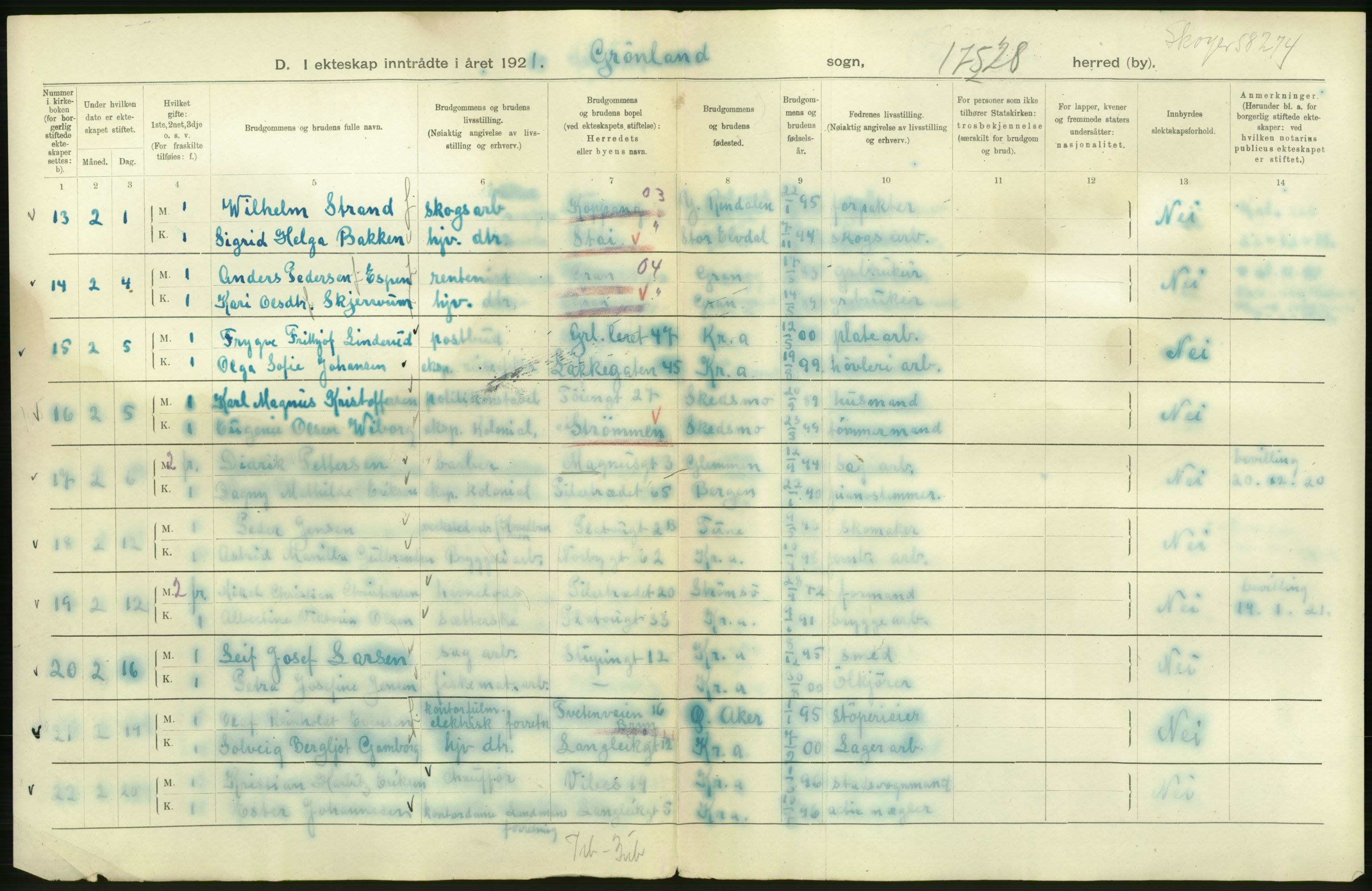 Statistisk sentralbyrå, Sosiodemografiske emner, Befolkning, AV/RA-S-2228/D/Df/Dfc/Dfca/L0011: Kristiania: Gifte, 1921, s. 666