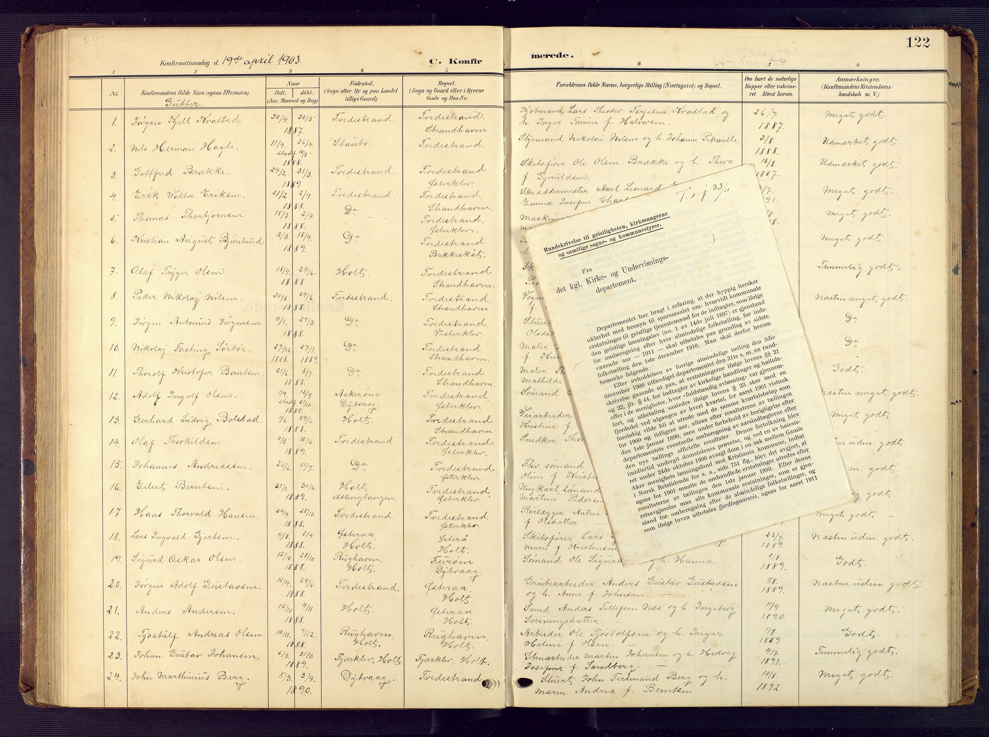 Tvedestrand sokneprestkontor, AV/SAK-1111-0042/F/Fb/L0001: Klokkerbok nr. B 1, 1902-1956, s. 122