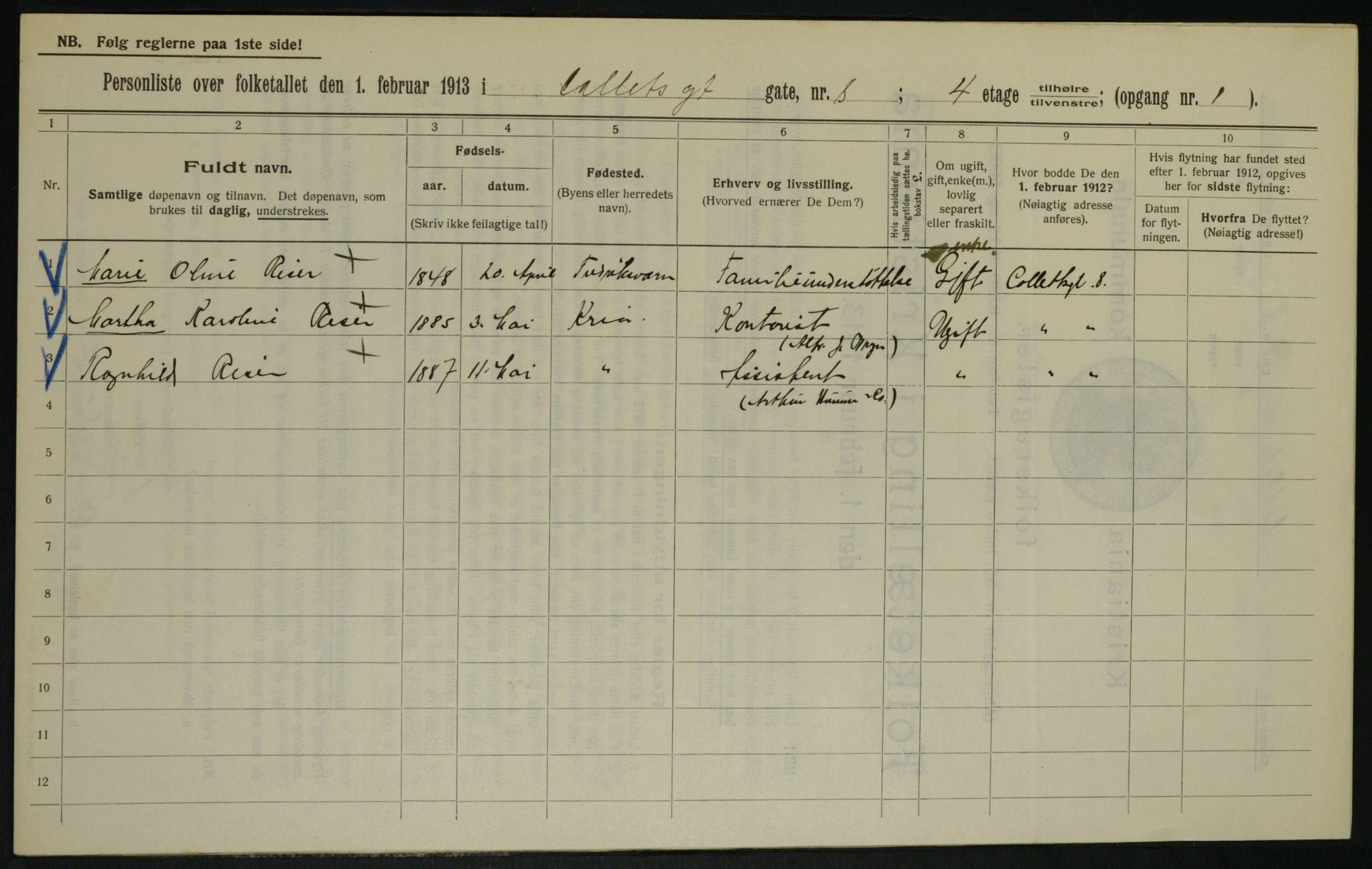 OBA, Kommunal folketelling 1.2.1913 for Kristiania, 1913, s. 13101