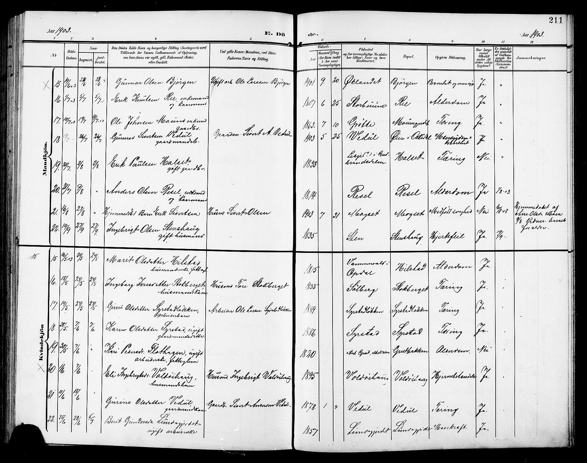 Ministerialprotokoller, klokkerbøker og fødselsregistre - Sør-Trøndelag, SAT/A-1456/672/L0864: Klokkerbok nr. 672C03, 1902-1914, s. 211