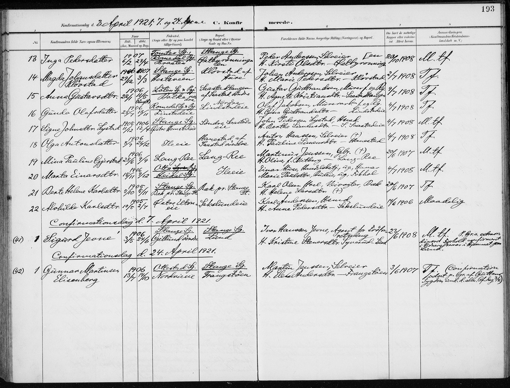 Stange prestekontor, AV/SAH-PREST-002/K/L0024: Ministerialbok nr. 24, 1906-1922, s. 193
