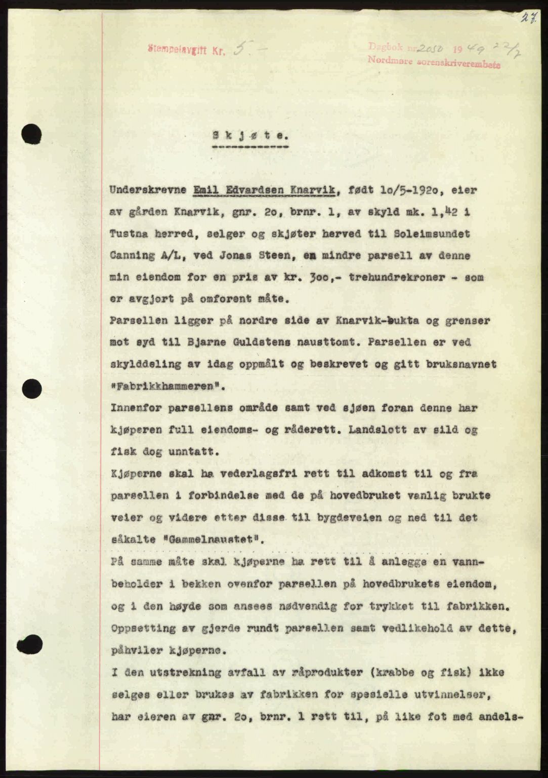 Nordmøre sorenskriveri, SAT/A-4132/1/2/2Ca: Pantebok nr. A112, 1949-1949, Dagboknr: 2050/1949