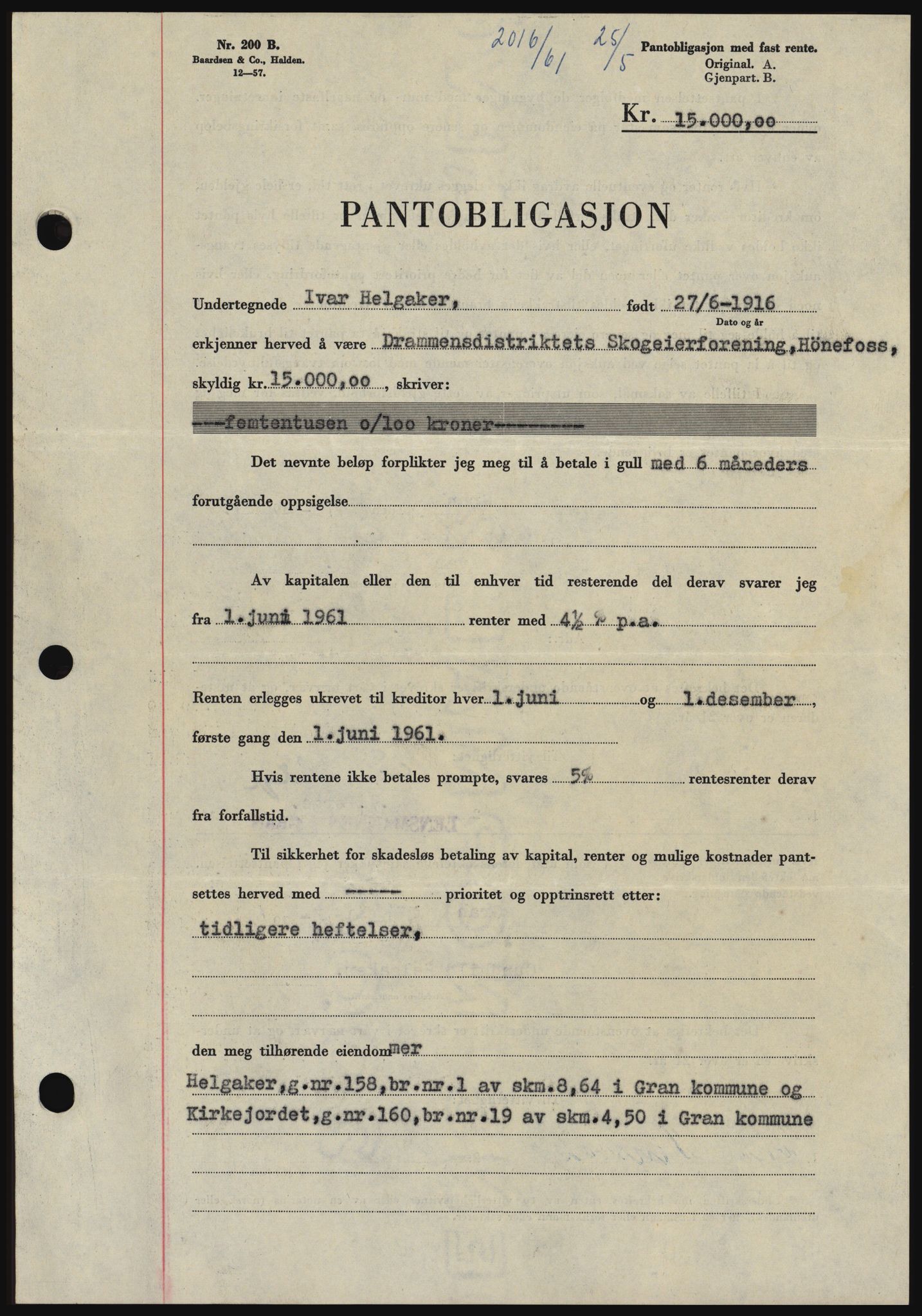 Hadeland og Land tingrett, SAH/TING-010/H/Hb/Hbc/L0046: Pantebok nr. B46, 1961-1961, Dagboknr: 2016/1961