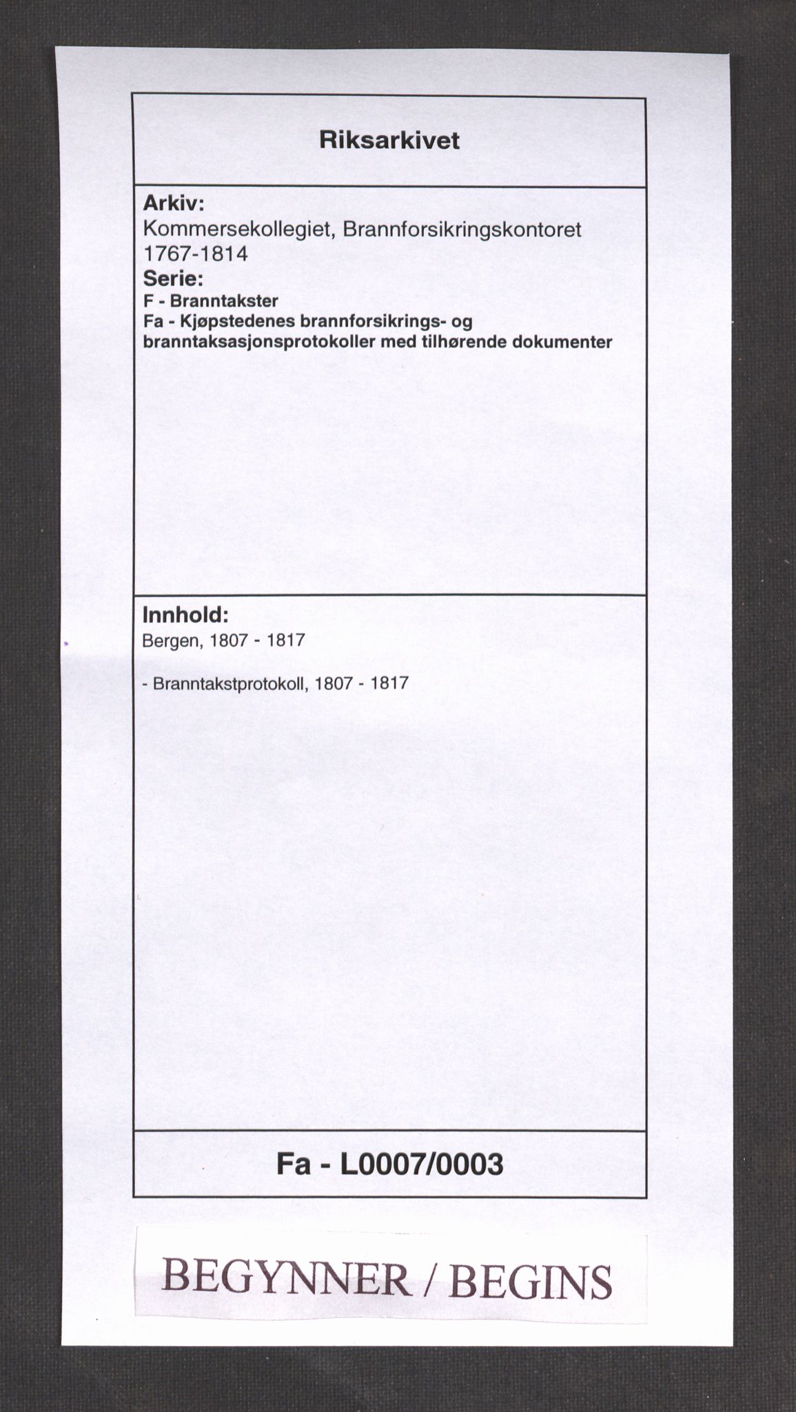 Kommersekollegiet, Brannforsikringskontoret 1767-1814, RA/EA-5458/F/Fa/L0007/0003: Bergen / Branntakstprotokoll, 1807-1817