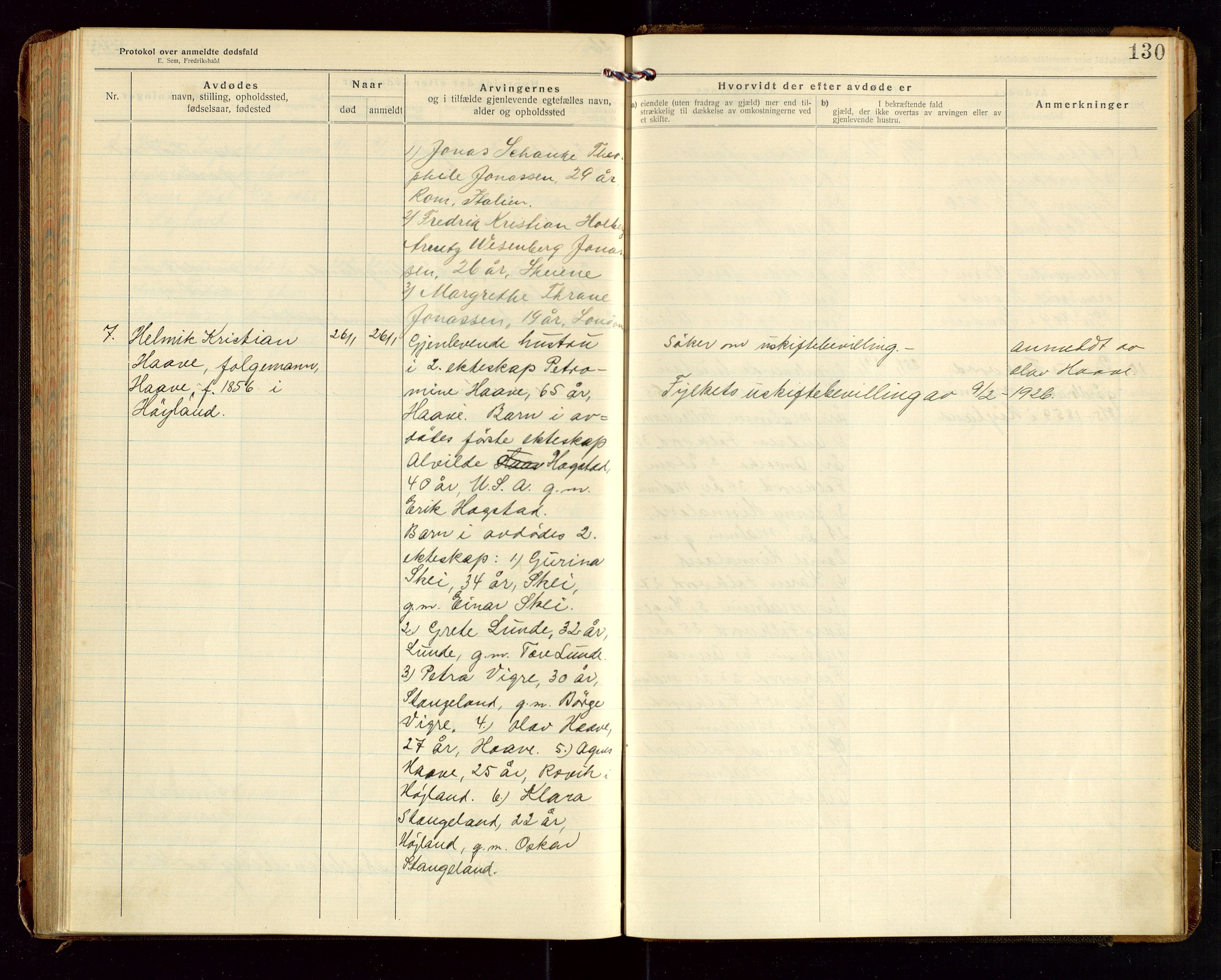 Høyland/Sandnes lensmannskontor, AV/SAST-A-100166/Gga/L0005: "Protkokol over anmeldte dødsfald i Høylands lensmandsdistrikt", 1920-1926, s. 130