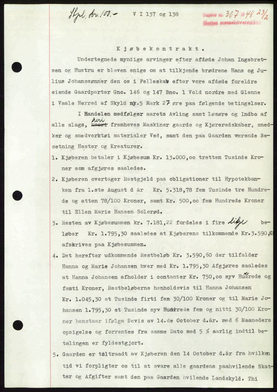 Horten sorenskriveri, SAKO/A-133/G/Ga/Gaa/L0010: Pantebok nr. A-10, 1947-1948, Dagboknr: 307/1948