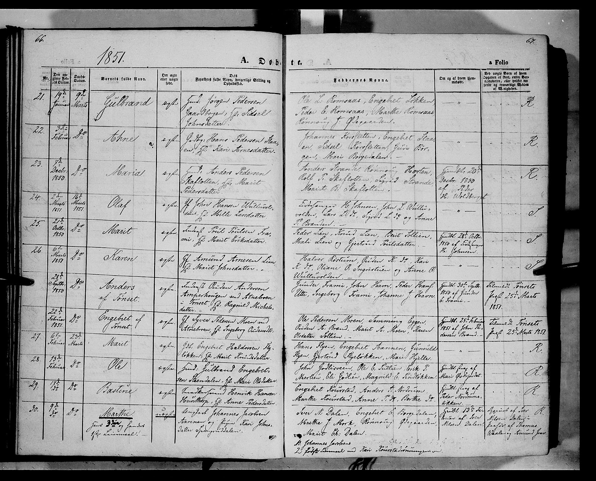 Ringebu prestekontor, AV/SAH-PREST-082/H/Ha/Haa/L0006: Ministerialbok nr. 6, 1848-1859, s. 66-67