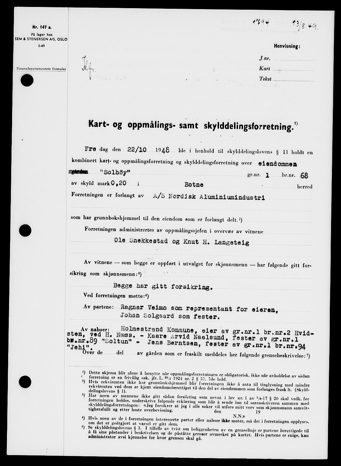 Holmestrand sorenskriveri, SAKO/A-67/G/Ga/Gaa/L0067: Pantebok nr. A-67, 1949-1949, Dagboknr: 1794/1949