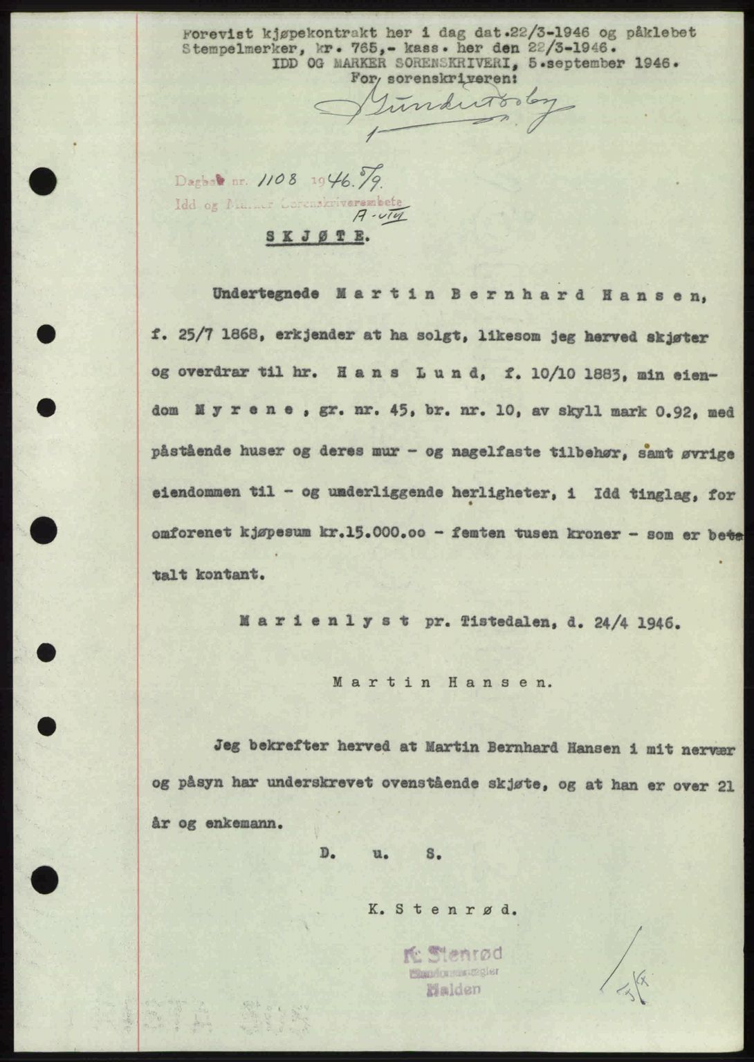 Idd og Marker sorenskriveri, SAO/A-10283/G/Gb/Gbb/L0008: Pantebok nr. A8, 1946-1946, Dagboknr: 1108/1946
