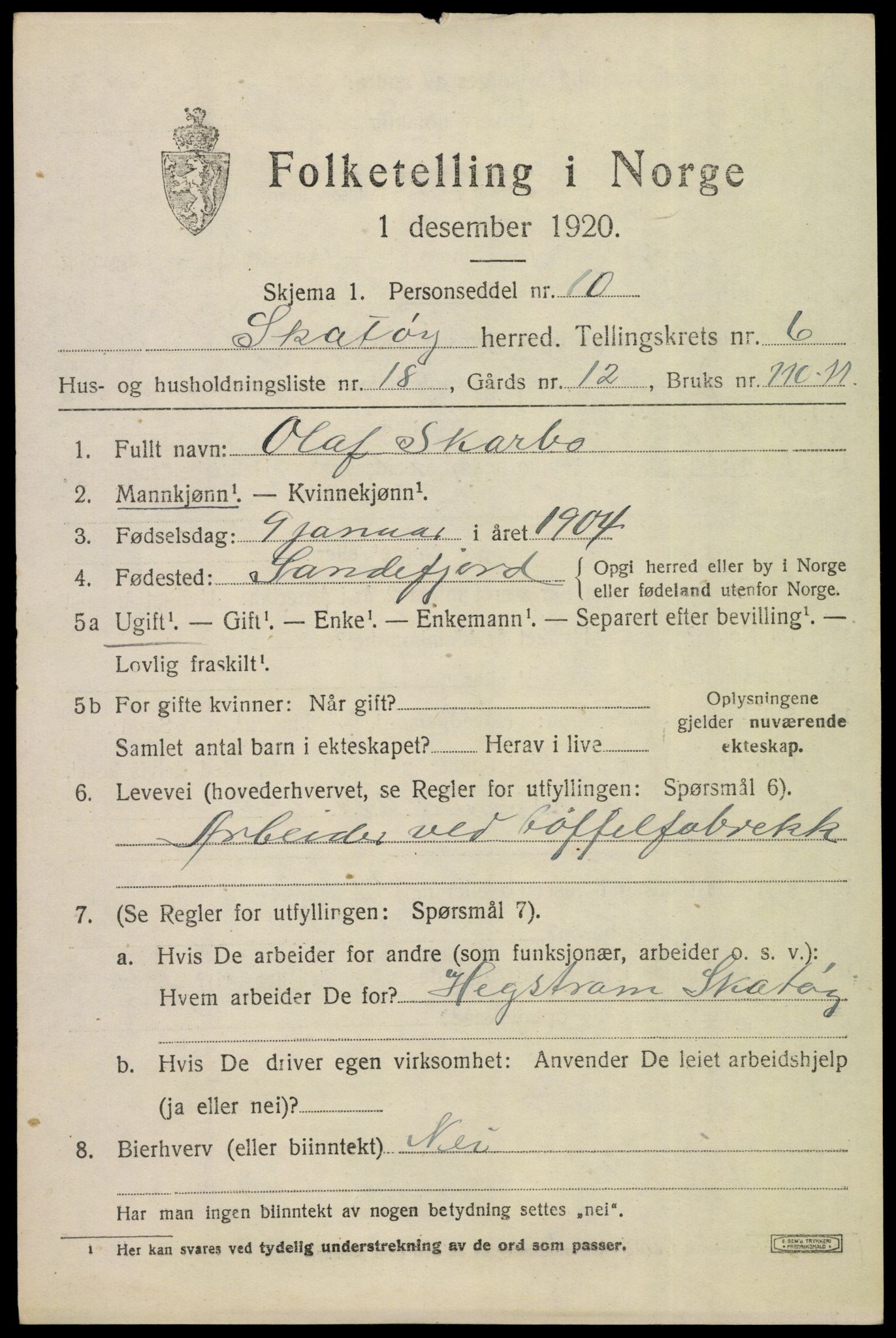 SAKO, Folketelling 1920 for 0815 Skåtøy herred, 1920, s. 4954