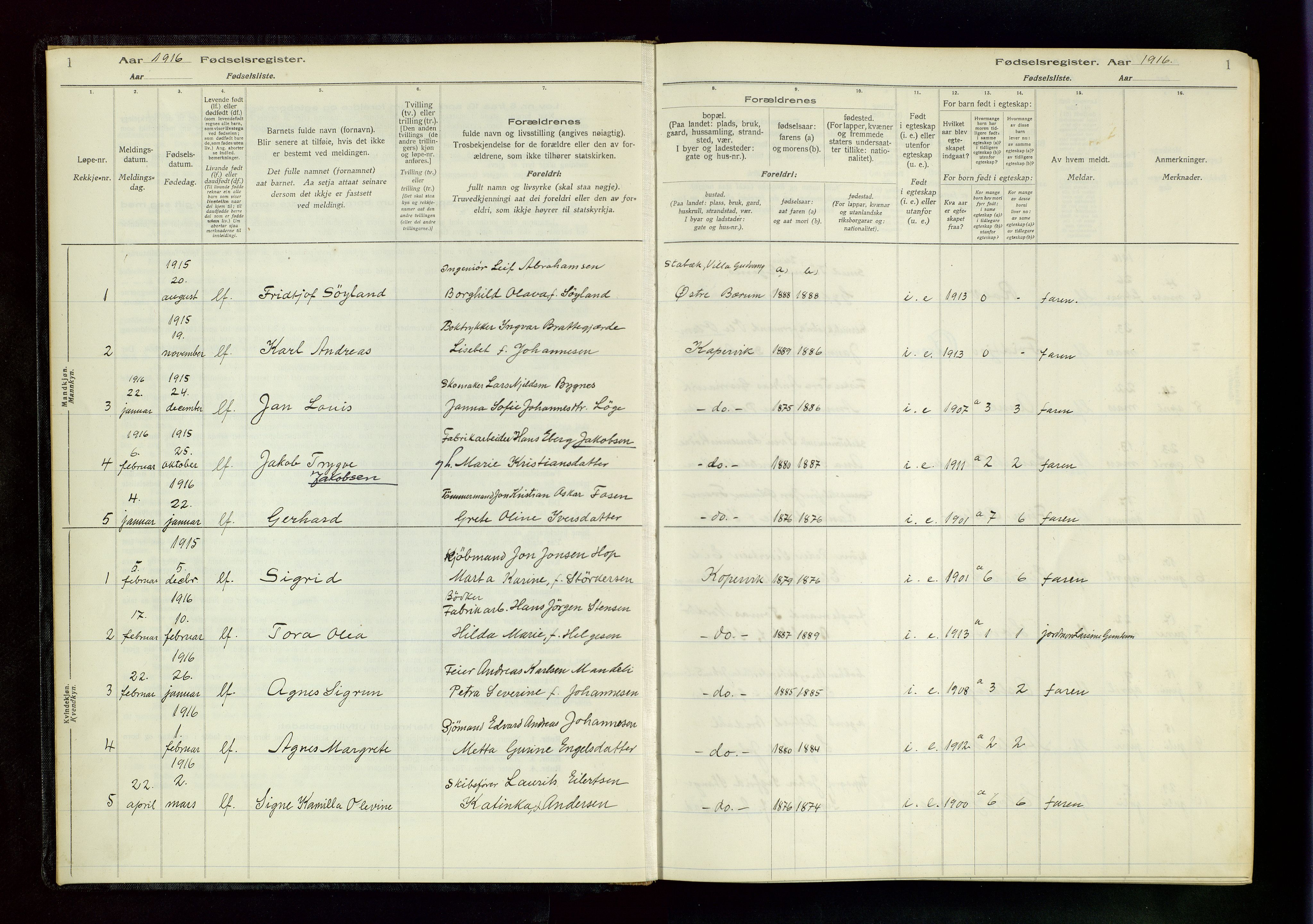 Kopervik sokneprestkontor, AV/SAST-A-101850/I/Id/L0001: Fødselsregister nr. 1, 1916-1952, s. 1