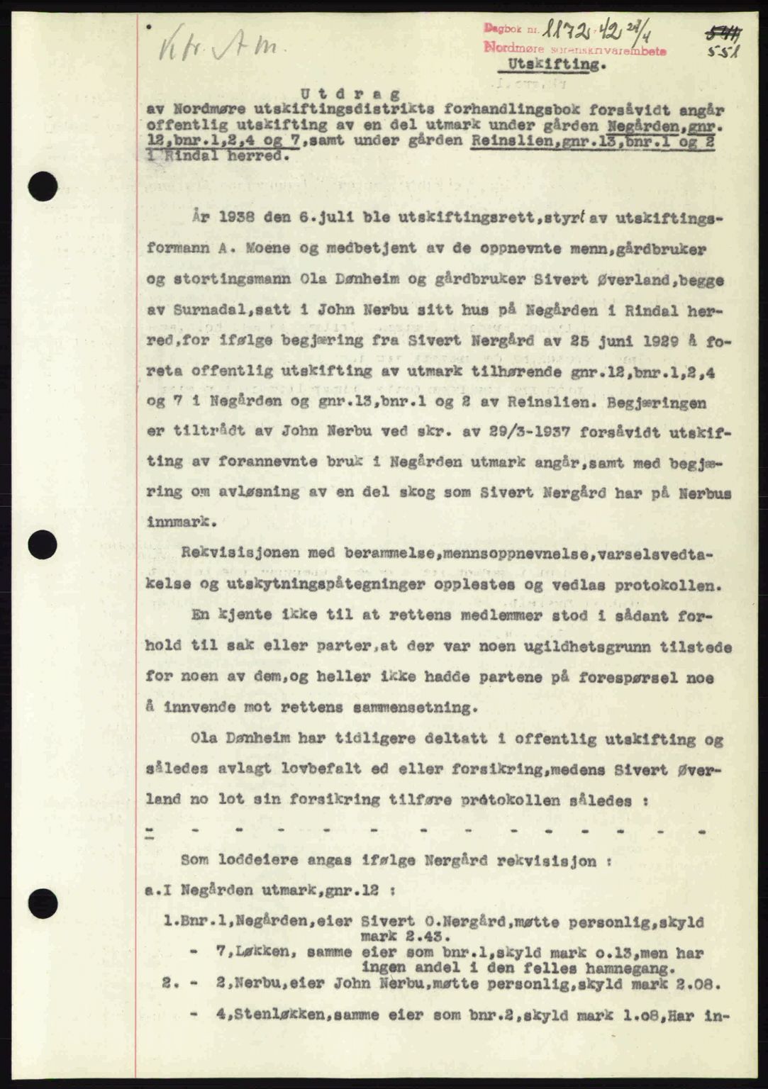 Nordmøre sorenskriveri, SAT/A-4132/1/2/2Ca: Pantebok nr. A92, 1942-1942, Dagboknr: 1172/1942