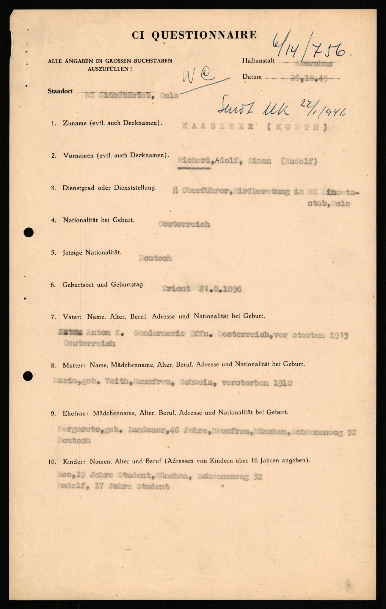 Forsvaret, Forsvarets overkommando II, AV/RA-RAFA-3915/D/Db/L0015: CI Questionaires. Tyske okkupasjonsstyrker i Norge. Tyskere., 1945-1946, s. 272