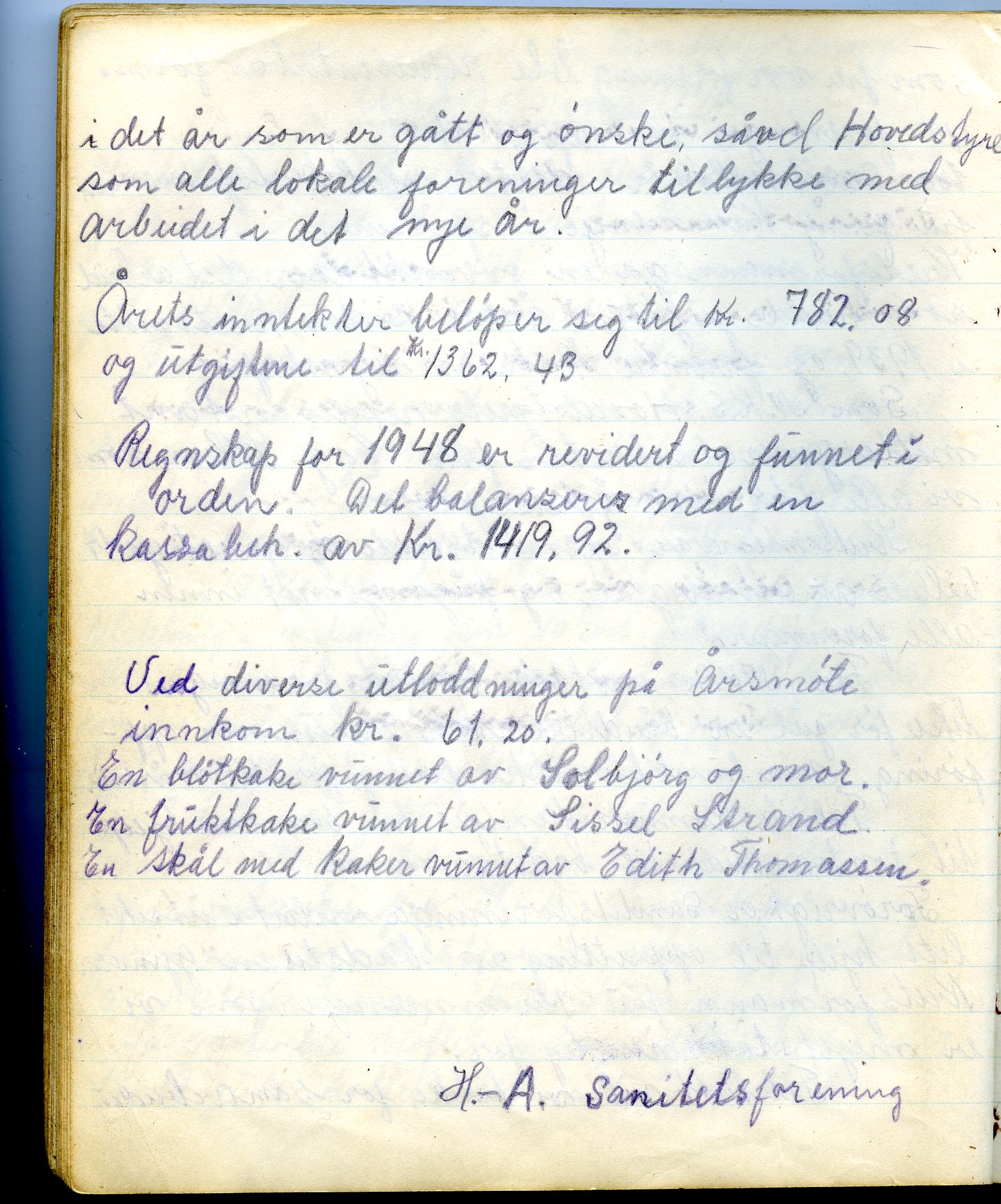Hakkstabben-Altneset sanitetsforening, FMFB/A-1008/A/L0001: Møteprotokoll, 1947-1960