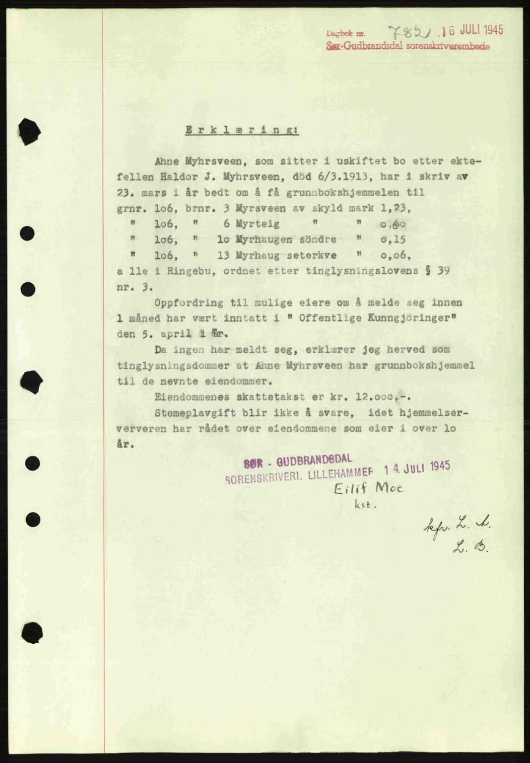 Sør-Gudbrandsdal tingrett, SAH/TING-004/H/Hb/Hbd/L0014: Pantebok nr. A14, 1944-1945, Dagboknr: 782/1945