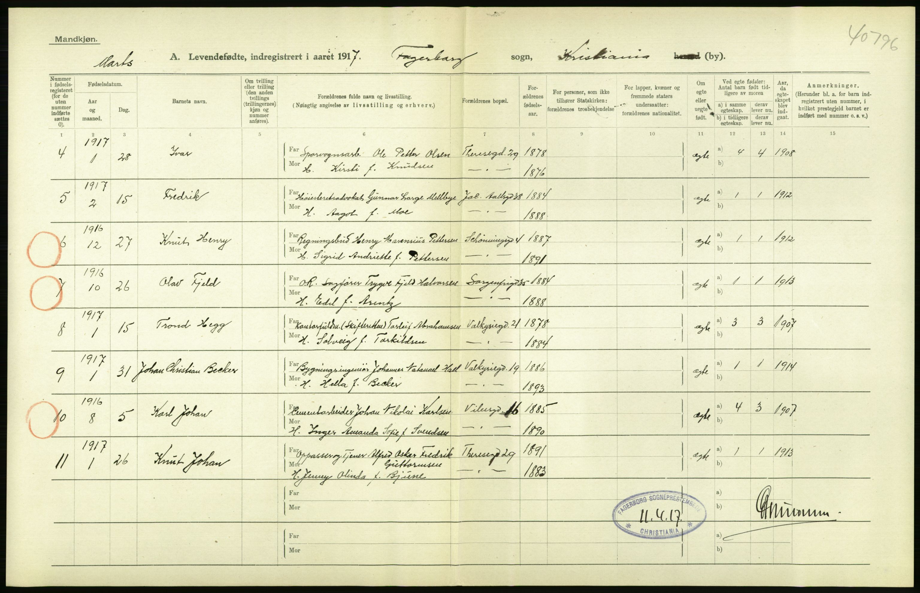 Statistisk sentralbyrå, Sosiodemografiske emner, Befolkning, AV/RA-S-2228/D/Df/Dfb/Dfbg/L0006: Kristiania: Levendefødte menn og kvinner., 1917, s. 70