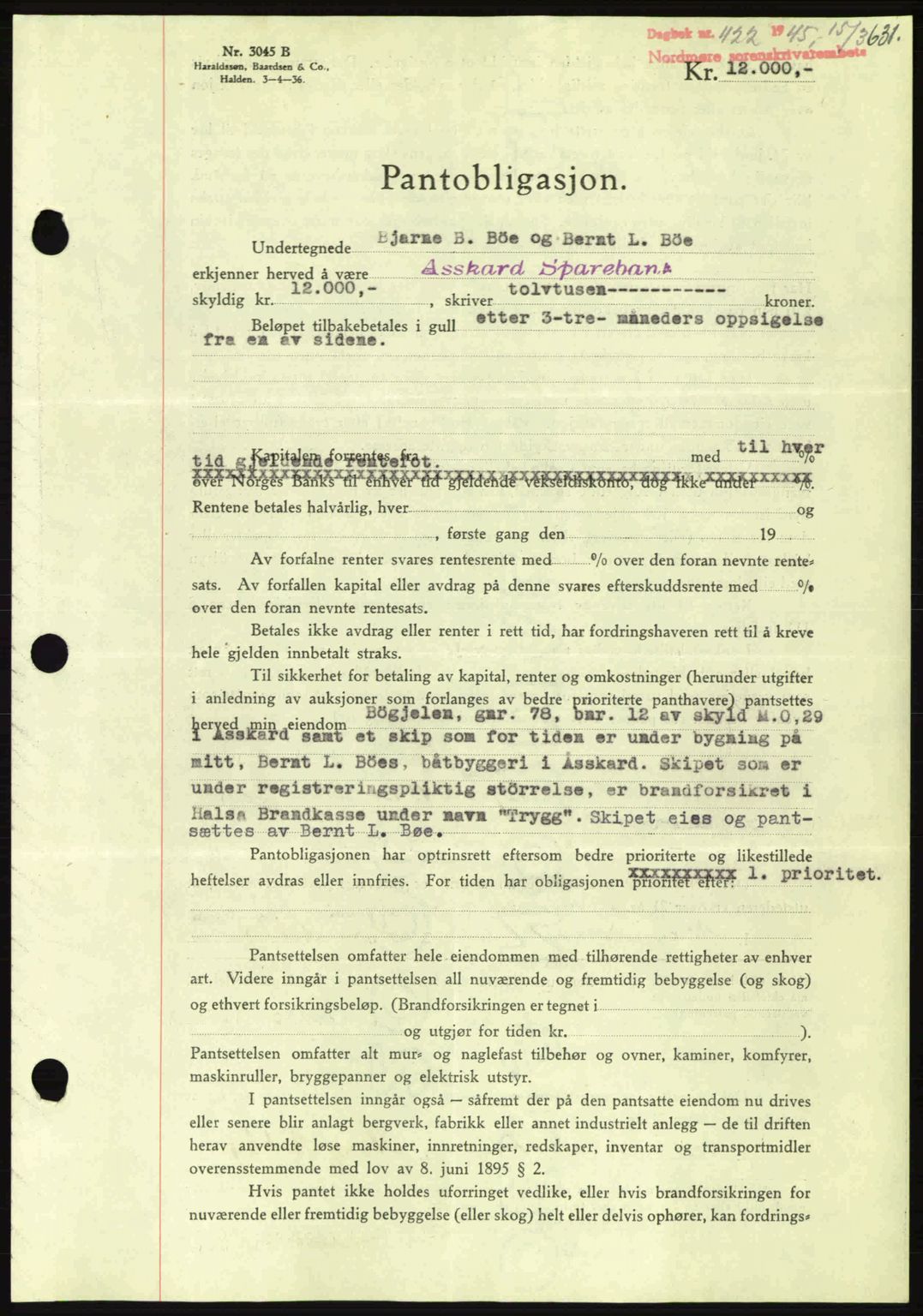 Nordmøre sorenskriveri, AV/SAT-A-4132/1/2/2Ca: Pantebok nr. B92, 1944-1945, Dagboknr: 422/1945