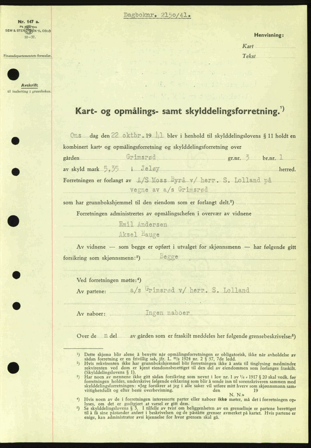 Moss sorenskriveri, SAO/A-10168: Pantebok nr. A9, 1941-1942, Dagboknr: 2150/1941