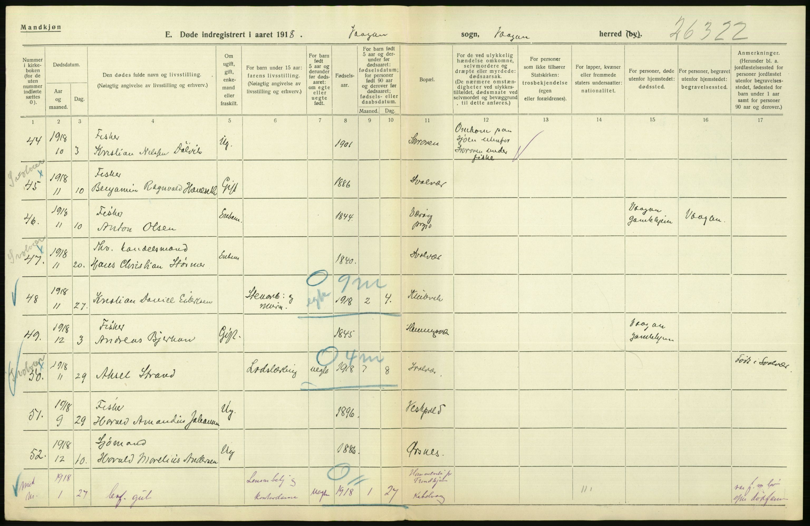 Statistisk sentralbyrå, Sosiodemografiske emner, Befolkning, AV/RA-S-2228/D/Df/Dfb/Dfbh/L0055: Nordland fylke: Døde. Bygder og byer., 1918, s. 404