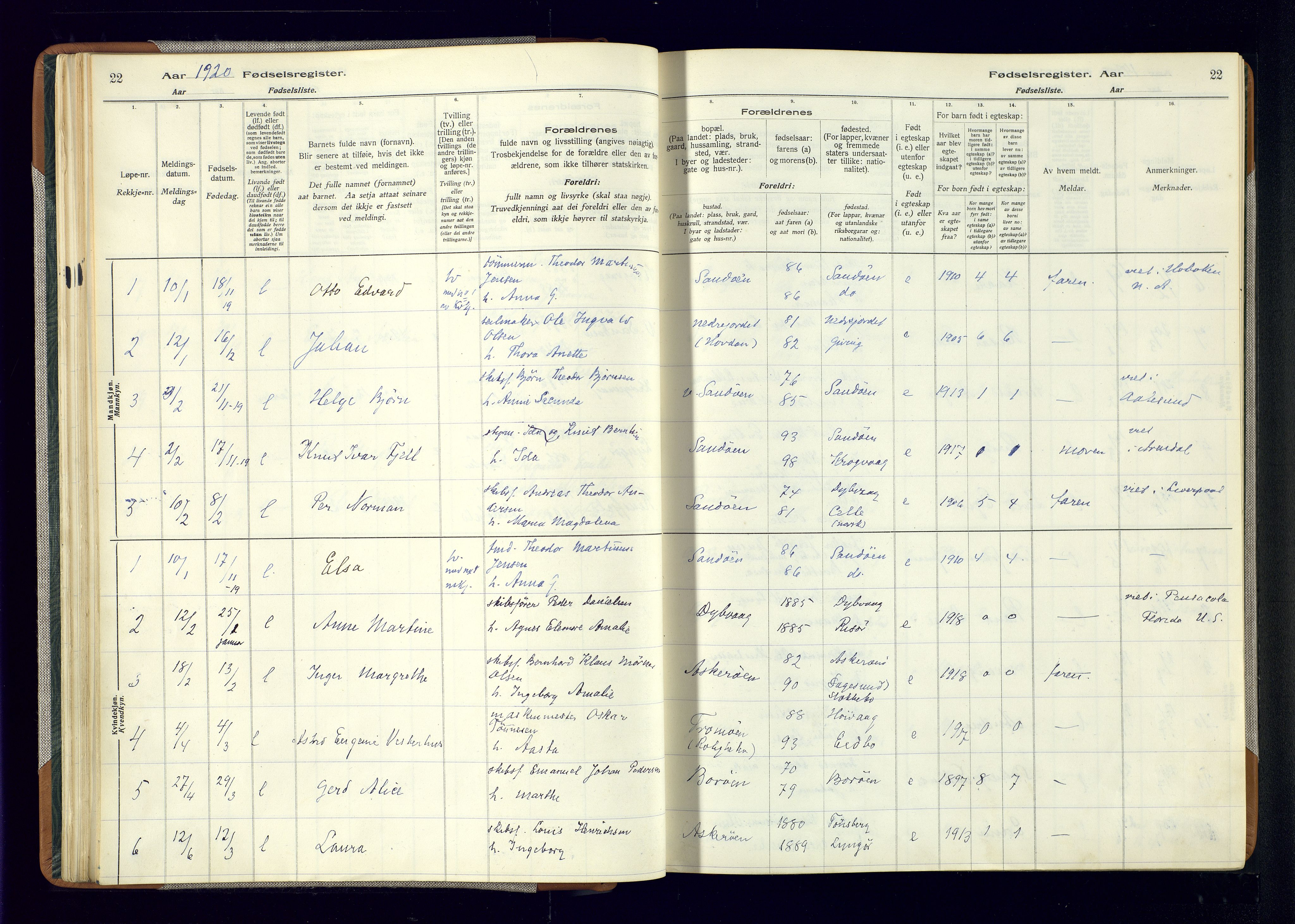 Dypvåg sokneprestkontor, AV/SAK-1111-0007/J/Ja/L0001: Fødselsregister nr. II.4.3, 1916-1975, s. 22