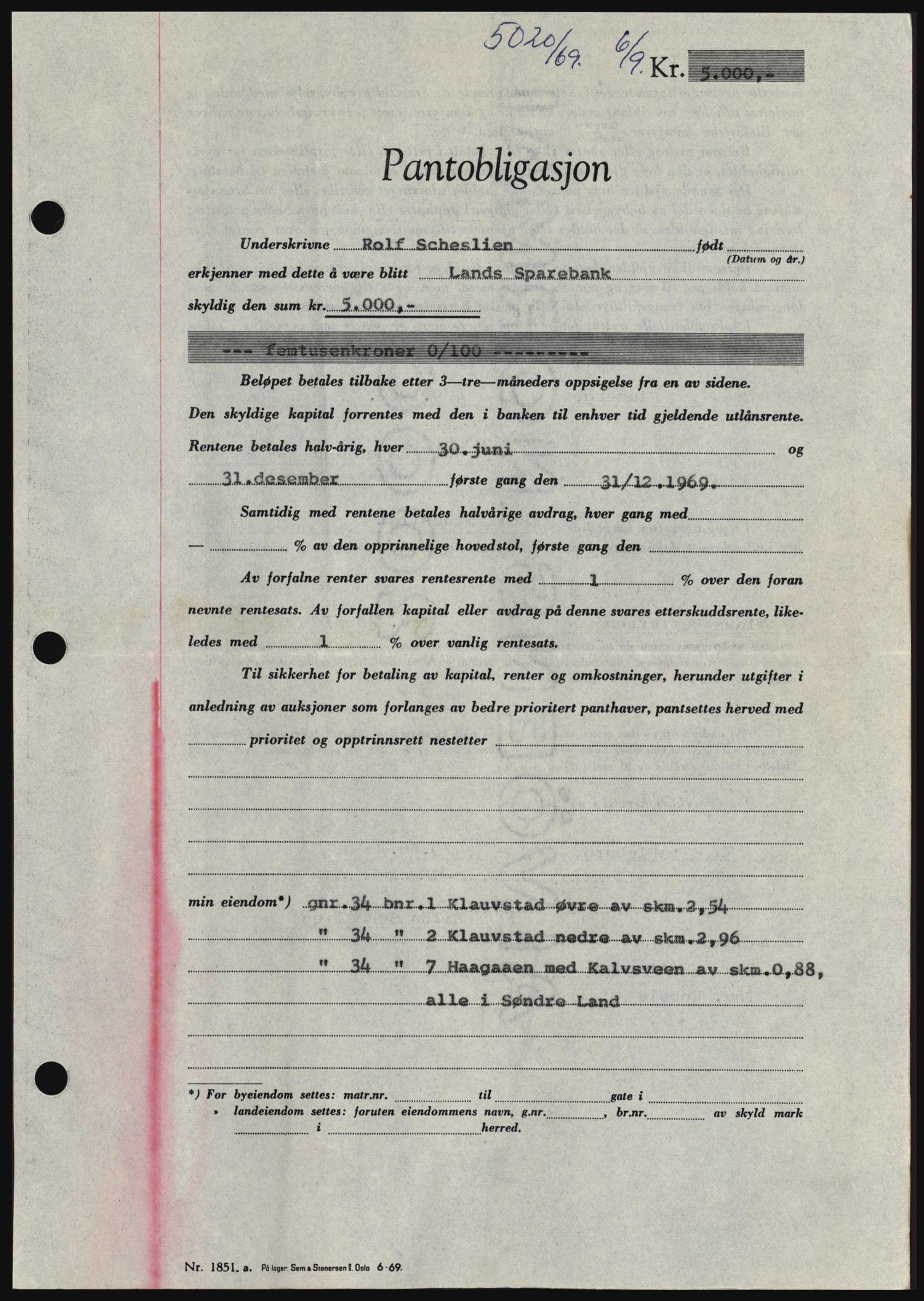 Hadeland og Land tingrett, SAH/TING-010/H/Hb/Hbc/L0074: Pantebok nr. B74, 1969-1969, Dagboknr: 5020/1969