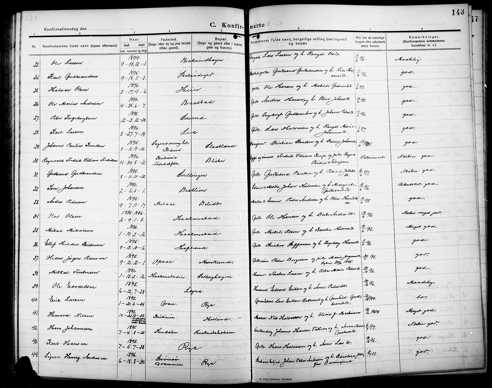 Lunner prestekontor, AV/SAH-PREST-118/H/Ha/Hab/L0001: Klokkerbok nr. 1, 1909-1922, s. 143