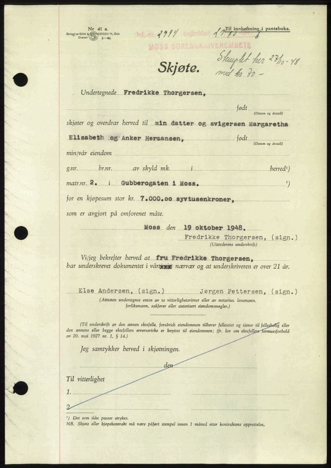 Moss sorenskriveri, SAO/A-10168: Pantebok nr. A20, 1948-1948, Dagboknr: 2794/1948