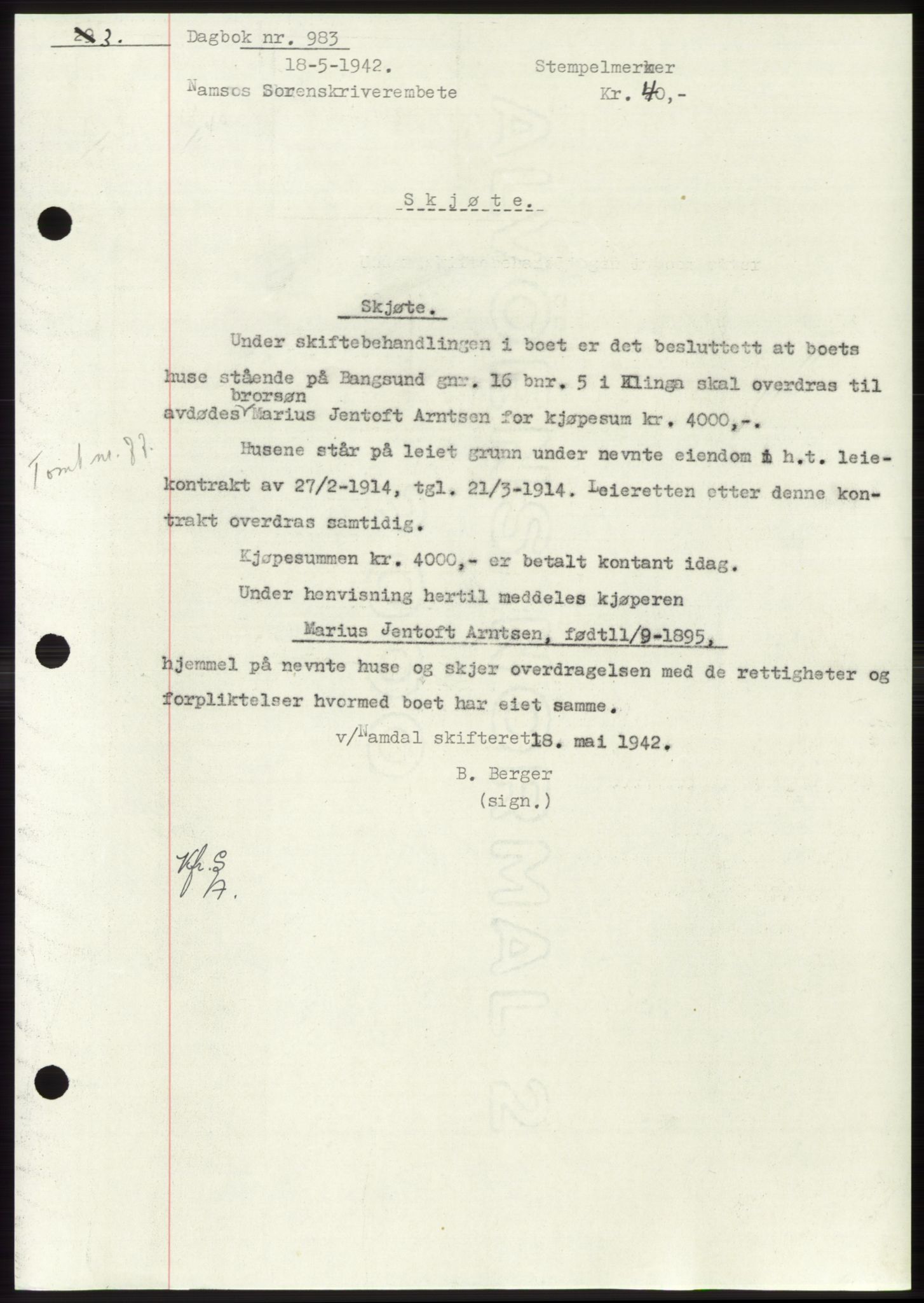 Namdal sorenskriveri, SAT/A-4133/1/2/2C: Pantebok nr. -, 1941-1942, Dagboknr: 983/1942