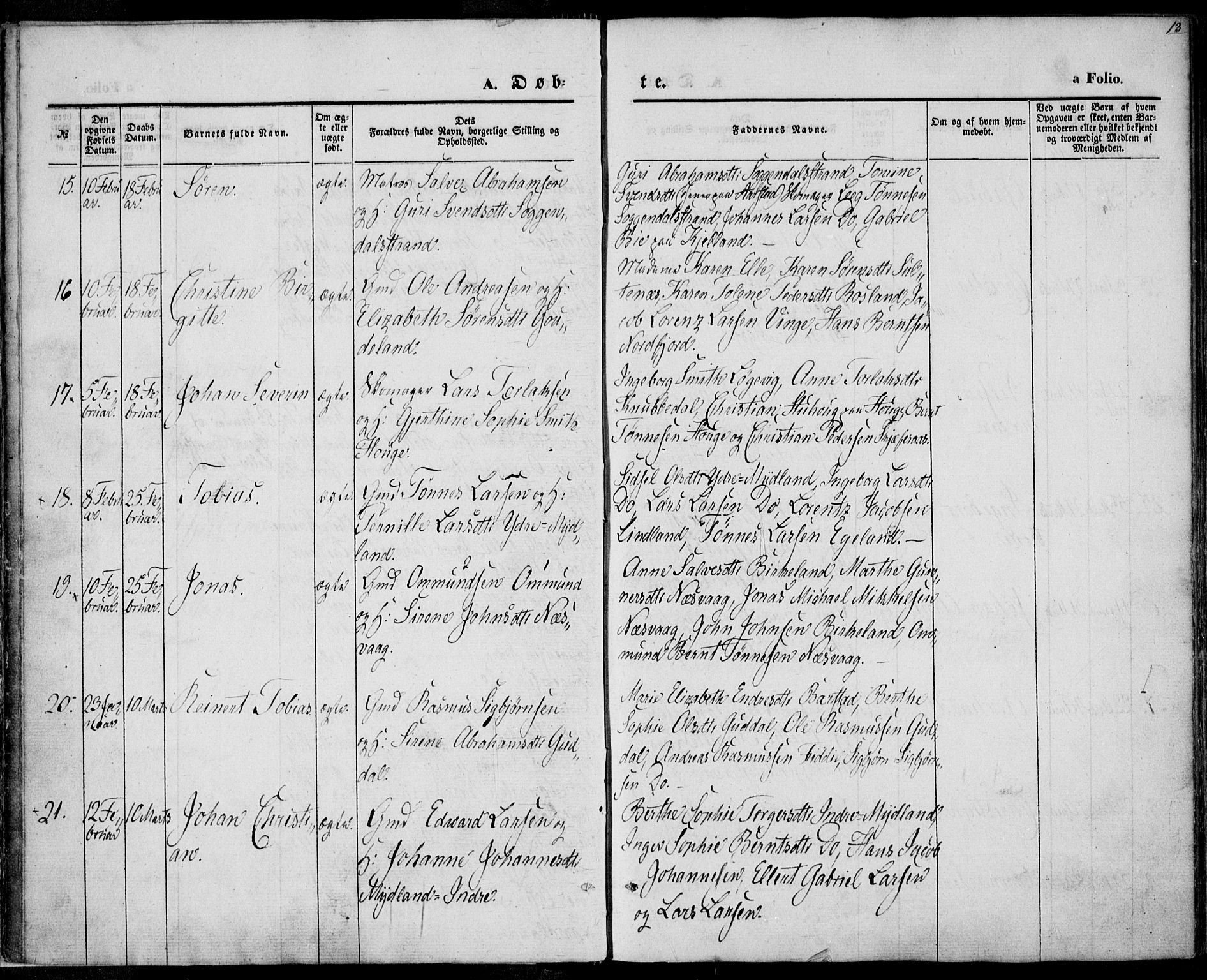 Sokndal sokneprestkontor, AV/SAST-A-101808: Ministerialbok nr. A 8.1, 1842-1857, s. 13