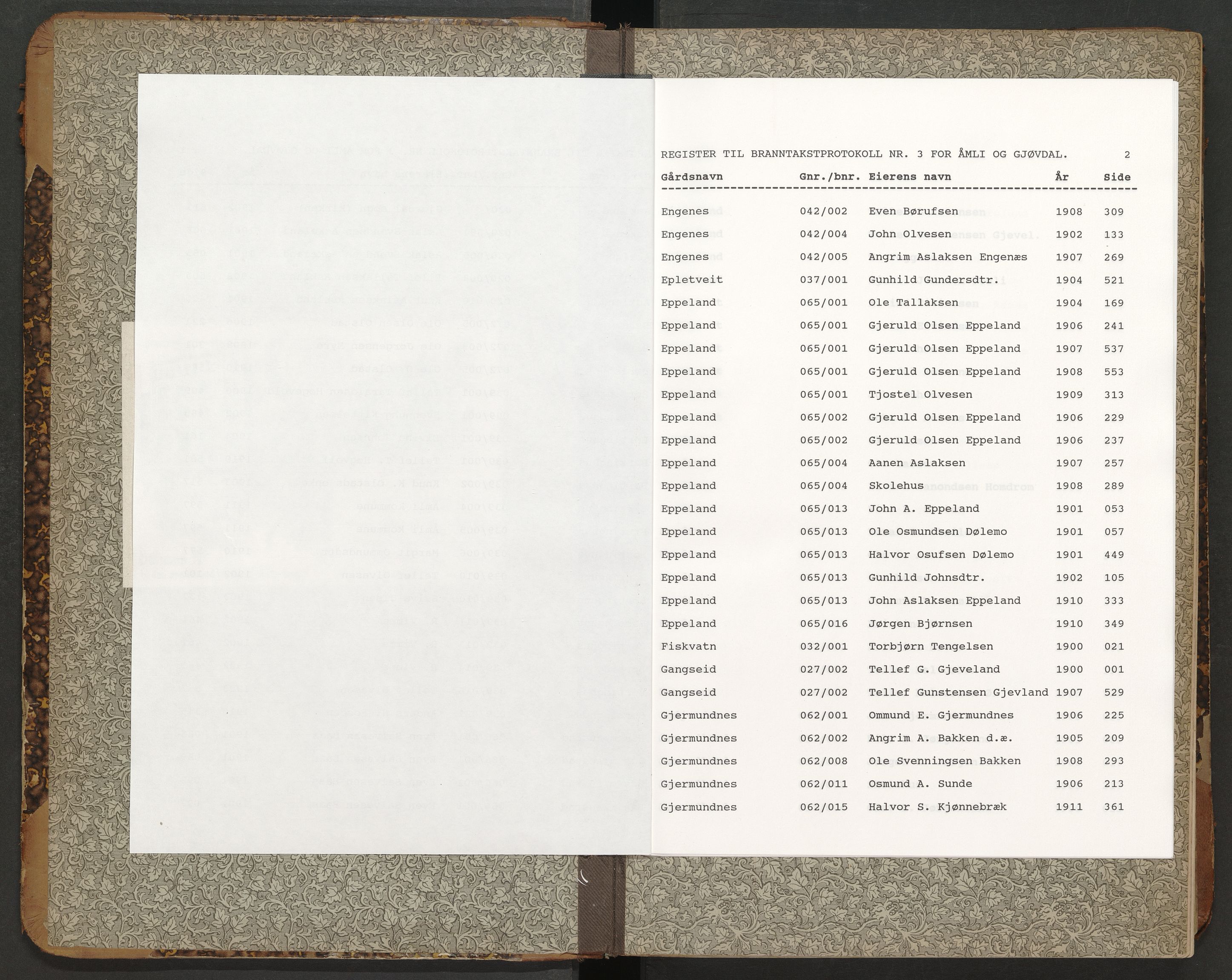 Norges Brannkasse Åmli og Gjøvdal, AV/SAK-2241-0061/F/Fa/L0003: Branntakstprotokoll nr. 3 med gårdsnavnregister, 1900-1911