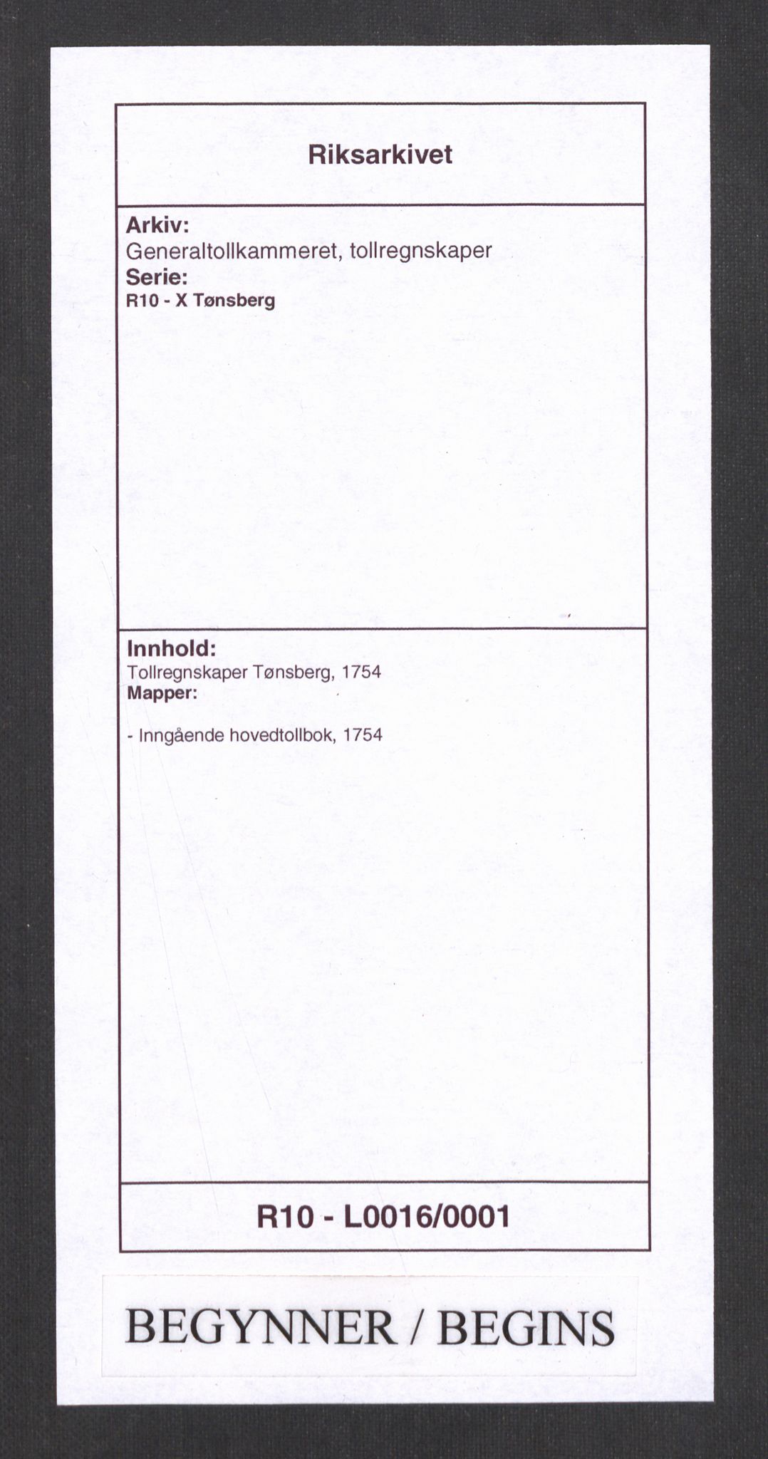 Generaltollkammeret, tollregnskaper, RA/EA-5490/R10/L0016/0001: Tollregnskaper Tønsberg / Inngående hovedtollbok, 1754