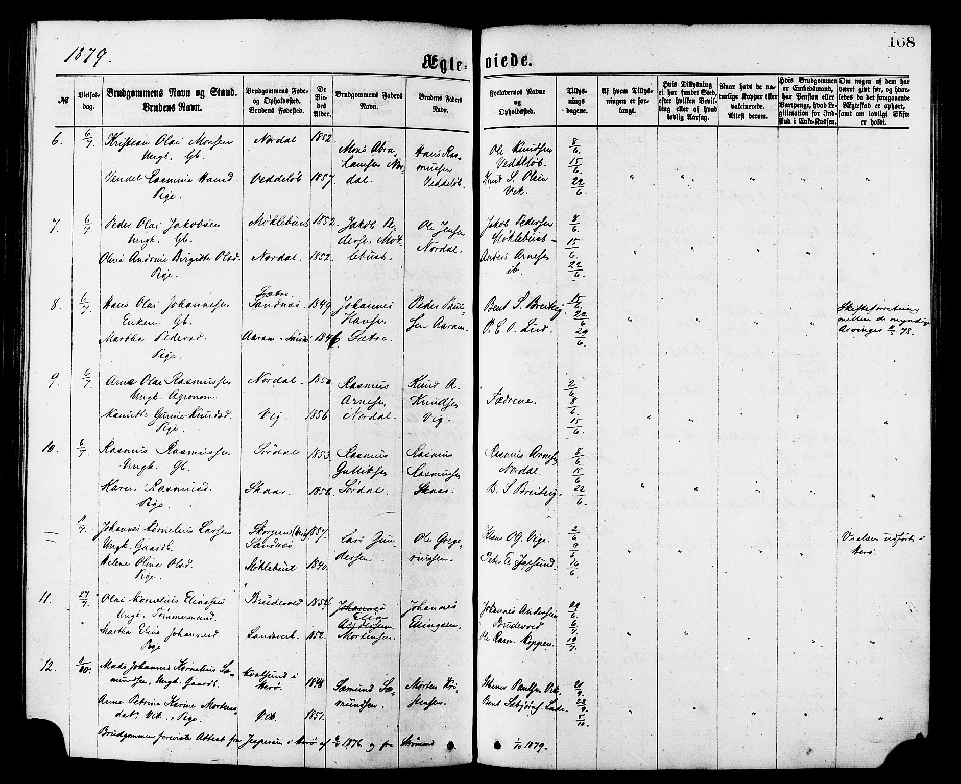 Ministerialprotokoller, klokkerbøker og fødselsregistre - Møre og Romsdal, AV/SAT-A-1454/502/L0024: Ministerialbok nr. 502A02, 1873-1884, s. 168