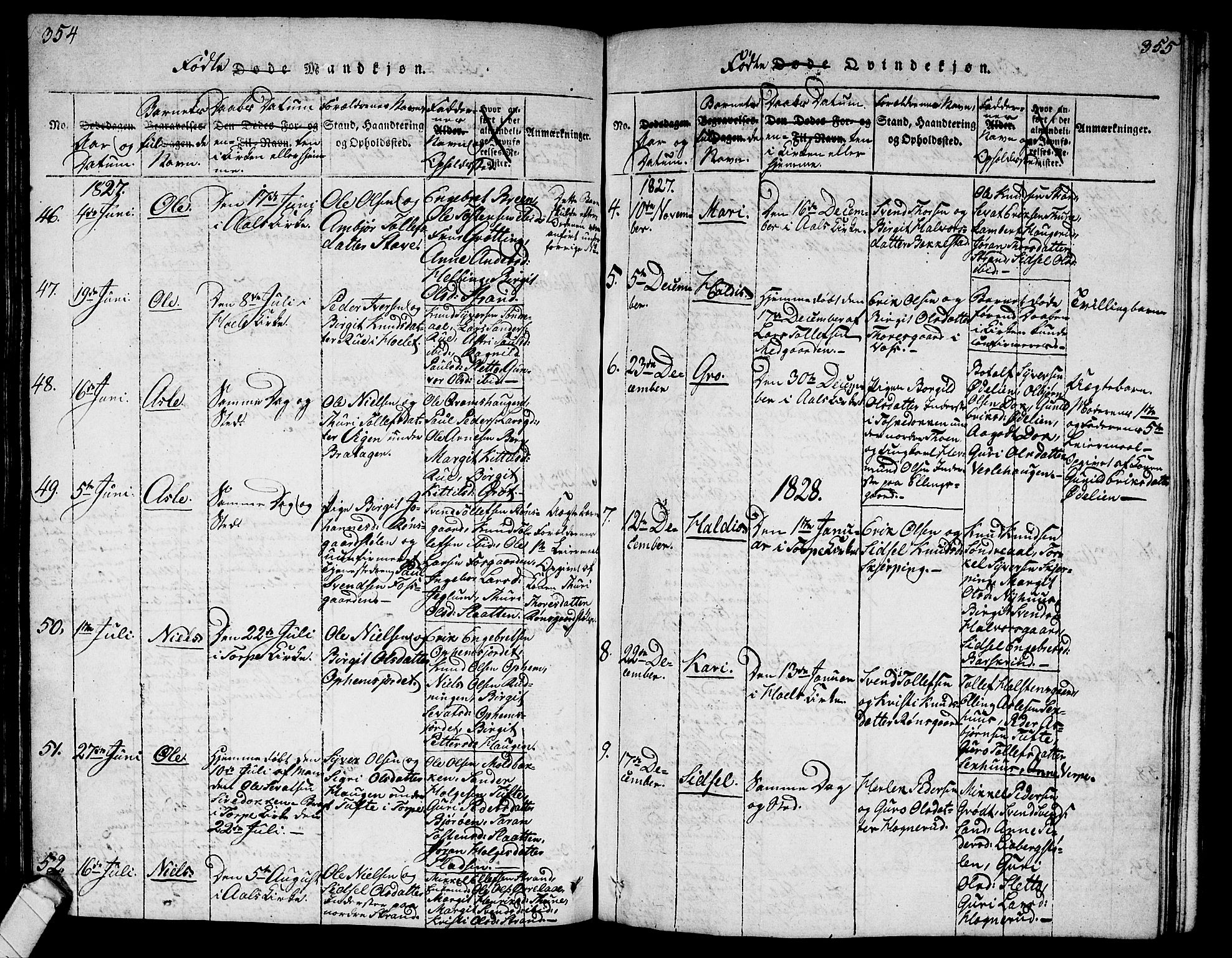 Ål kirkebøker, SAKO/A-249/G/Ga/L0001: Klokkerbok nr. 1, 1815-1829, s. 354-355