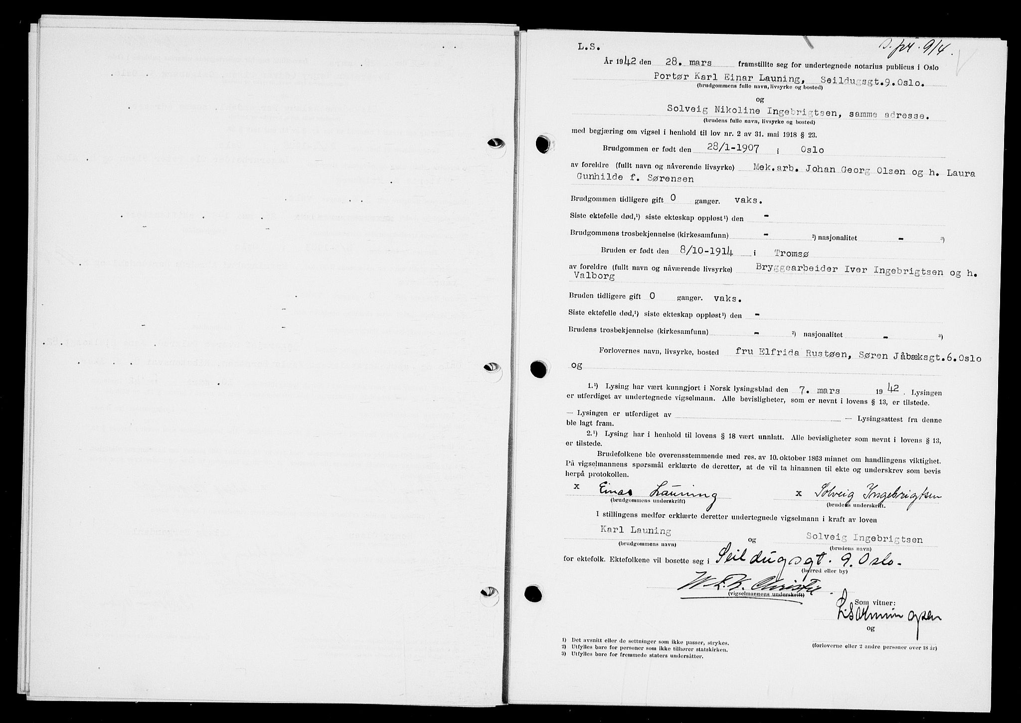 Oslo byfogd avd. I, AV/SAO-A-10220/L/Lb/Lbb/L0039: Notarialprotokoll, rekke II: Vigsler, 1942