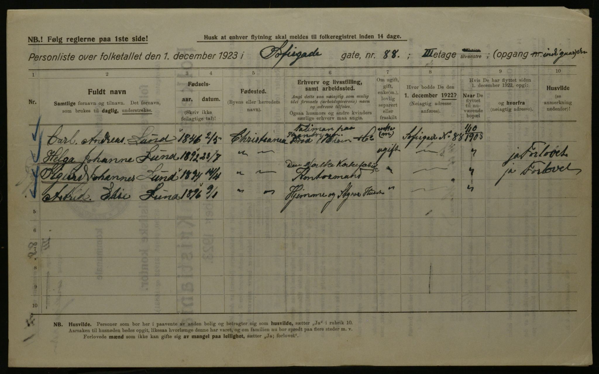 OBA, Kommunal folketelling 1.12.1923 for Kristiania, 1923, s. 109465