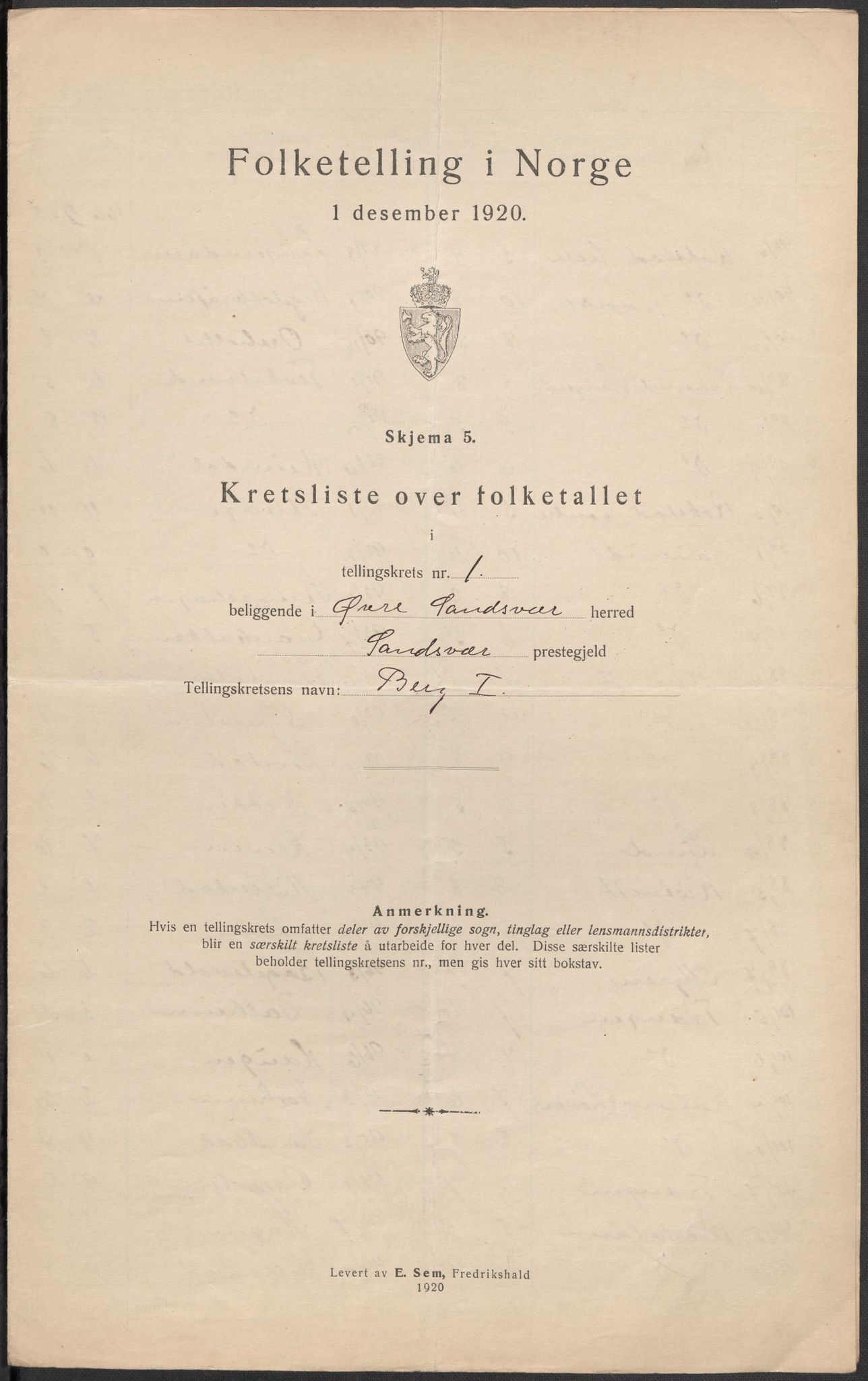 SAKO, Folketelling 1920 for 0630 Øvre Sandsvær herred, 1920, s. 8