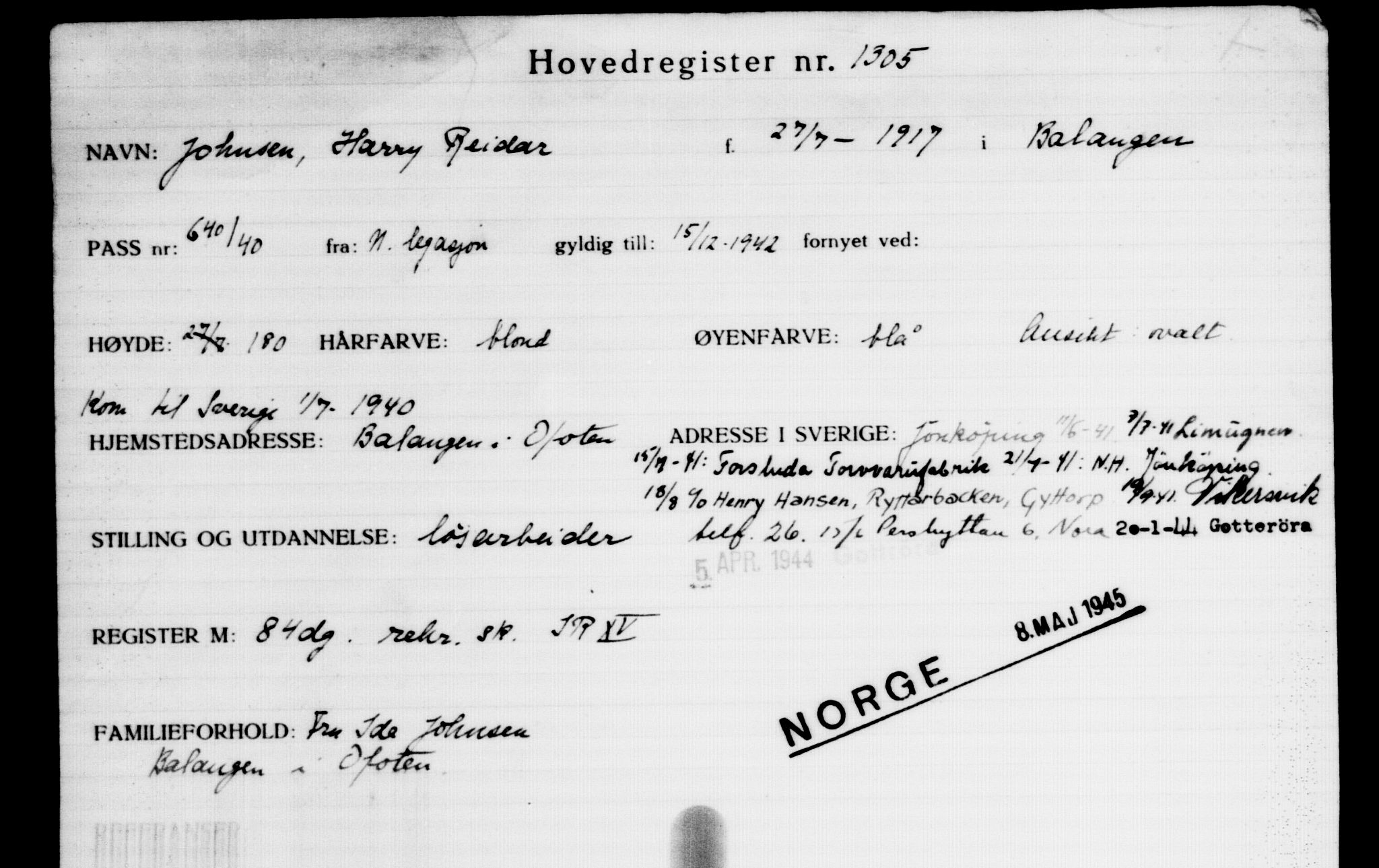 Den Kgl. Norske Legasjons Flyktningskontor, AV/RA-S-6753/V/Va/L0002: Kjesäterkartoteket.  Flyktningenr. 1001-2000, 1940-1945, s. 444