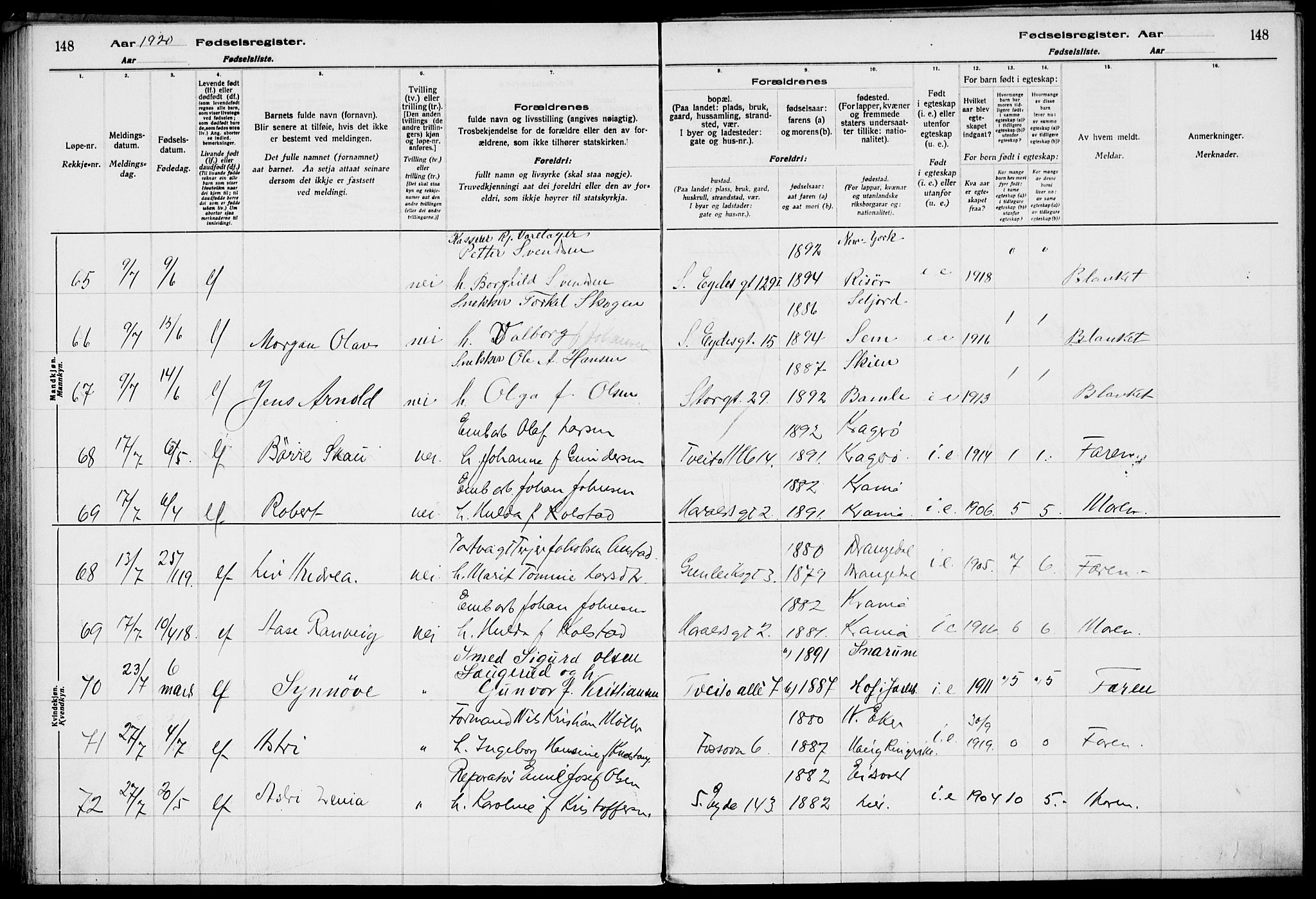 Rjukan kirkebøker, AV/SAKO-A-294/J/Ja/L0001: Fødselsregister nr. 1, 1916-1922, s. 148