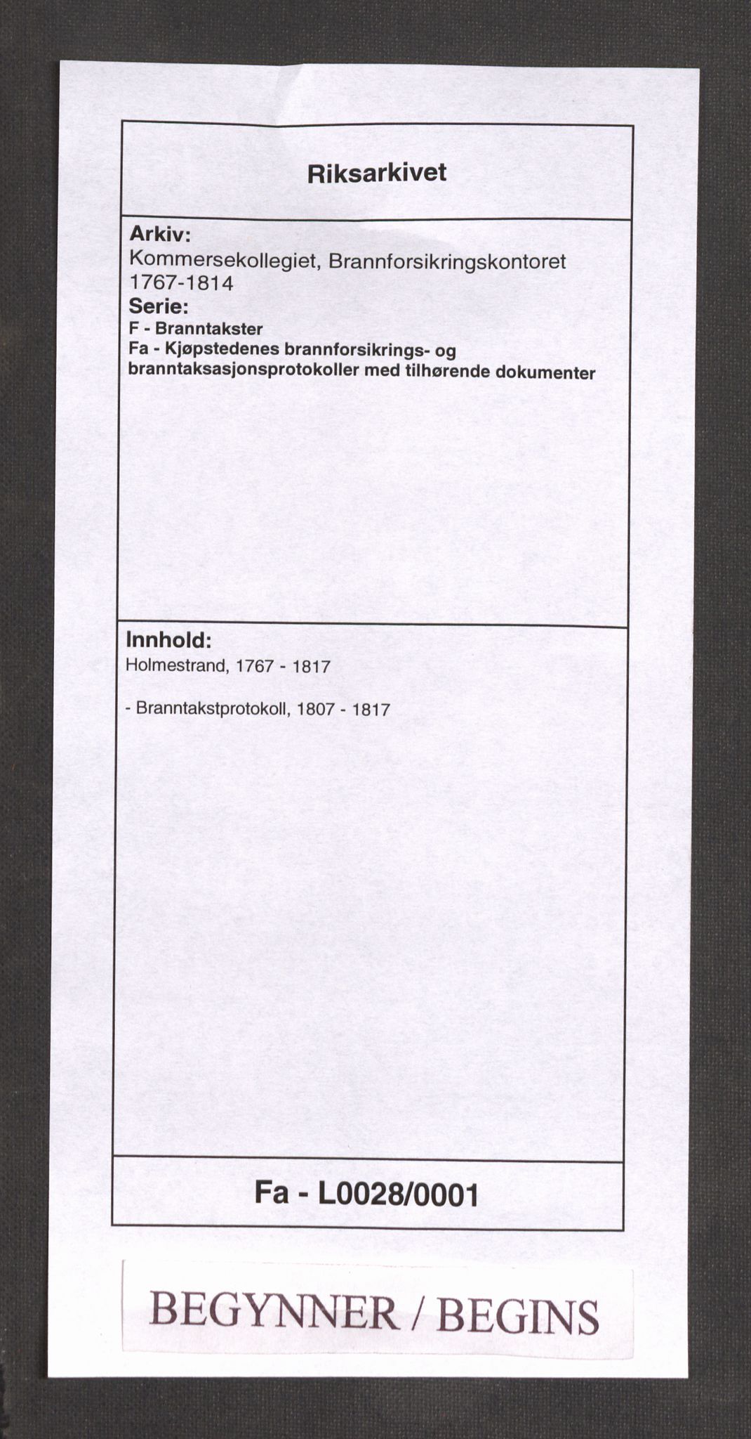 Kommersekollegiet, Brannforsikringskontoret 1767-1814, RA/EA-5458/F/Fa/L0028/0001: Holmestrand / Branntakstprotokoll, 1807-1817
