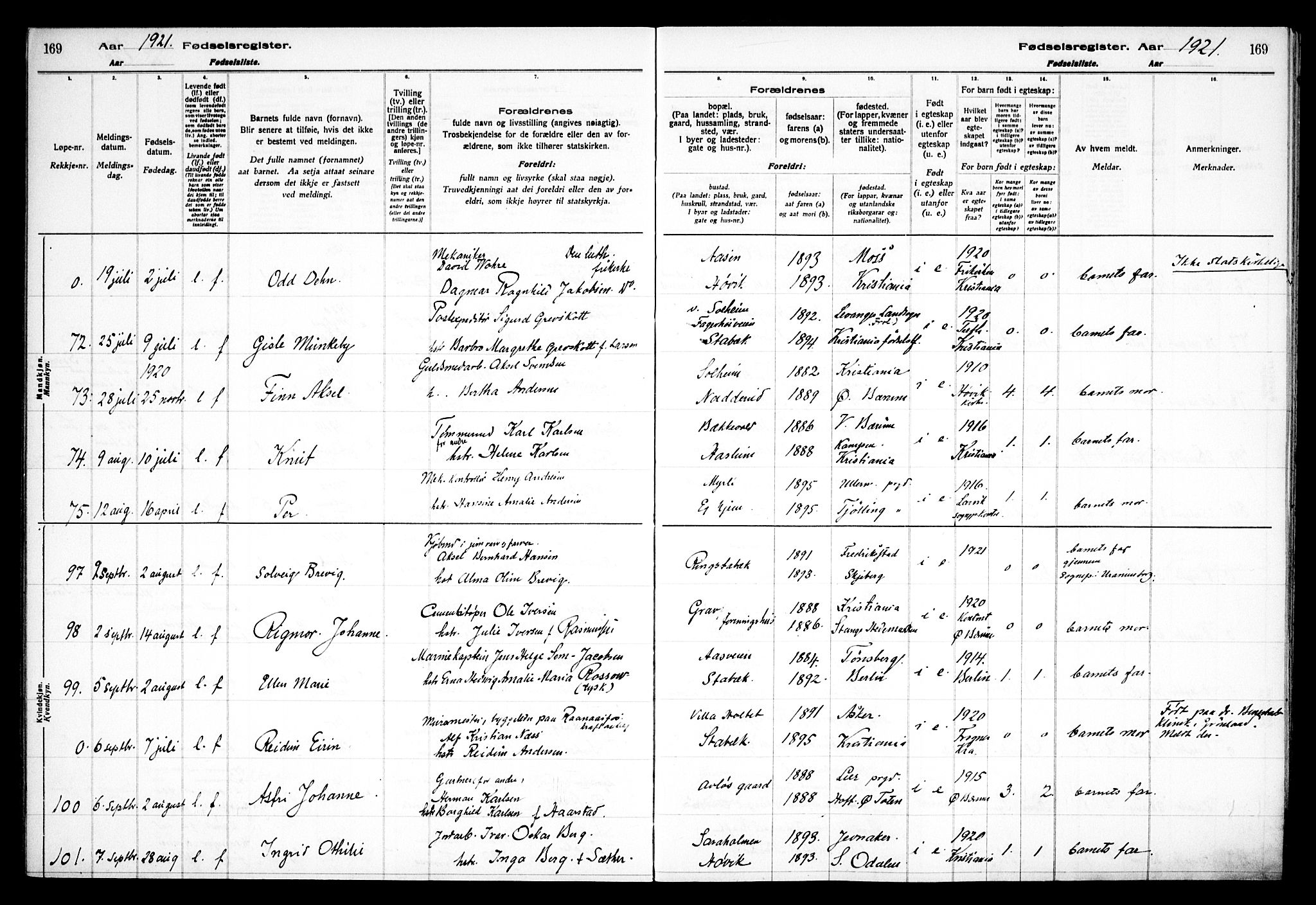 Østre Bærum prestekontor Kirkebøker, AV/SAO-A-10887/J/Ja/L0001: Fødselsregister nr. 1, 1916-1922, s. 169