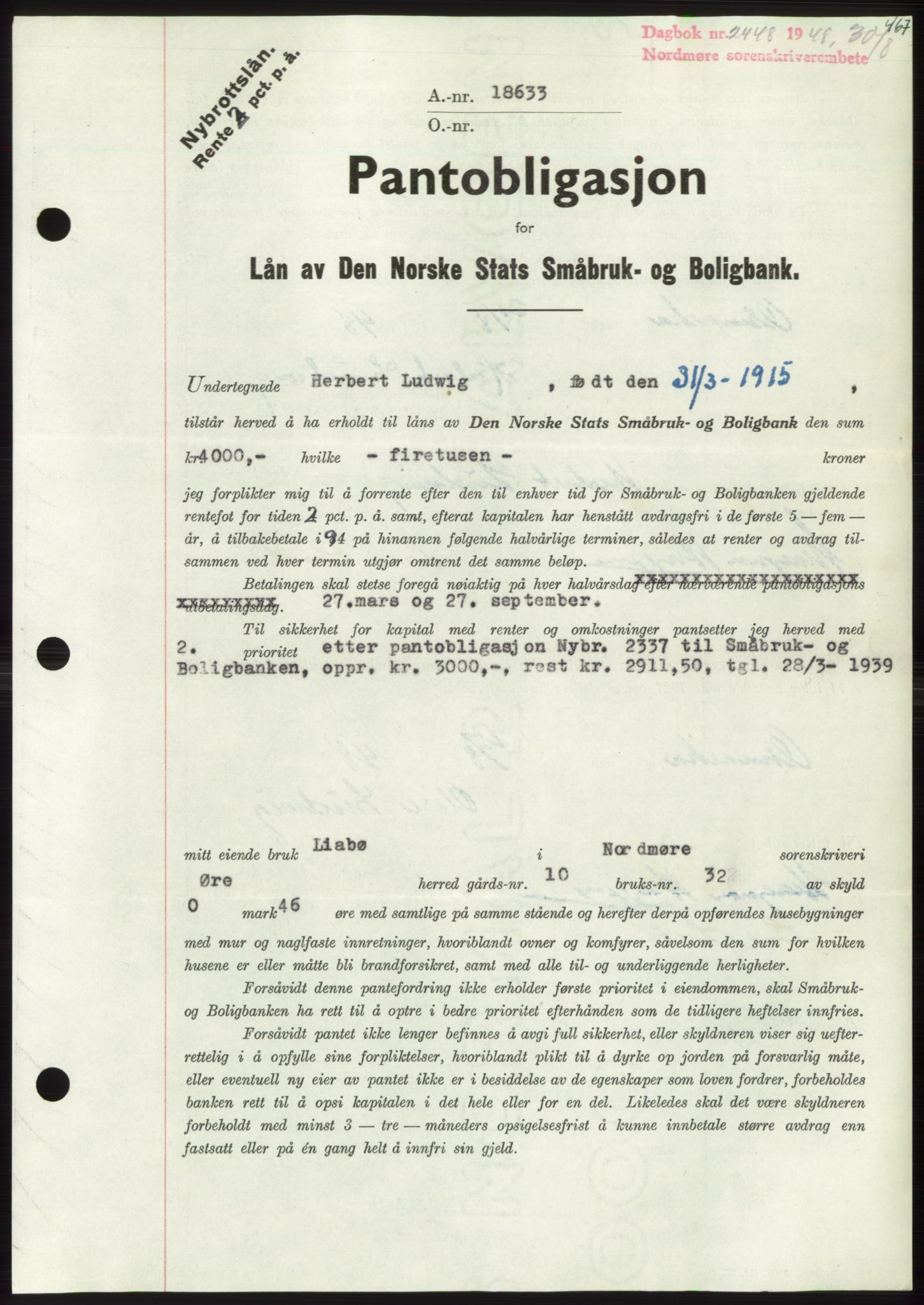 Nordmøre sorenskriveri, SAT/A-4132/1/2/2Ca: Pantebok nr. B99, 1948-1948, Dagboknr: 2448/1948