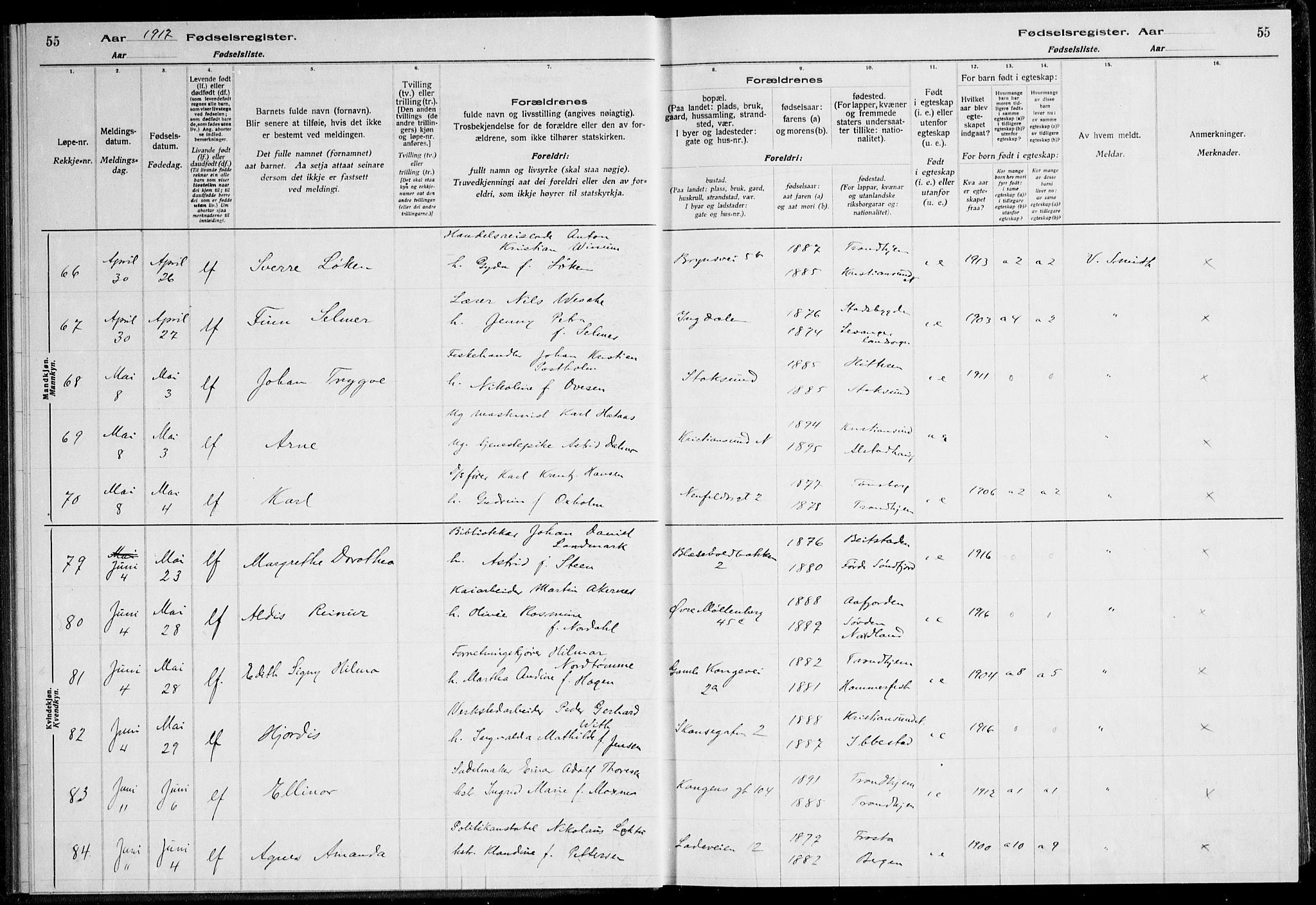 Ministerialprotokoller, klokkerbøker og fødselsregistre - Sør-Trøndelag, SAT/A-1456/600/L0002: Fødselsregister nr. 600.II.4.1, 1916-1920, s. 55