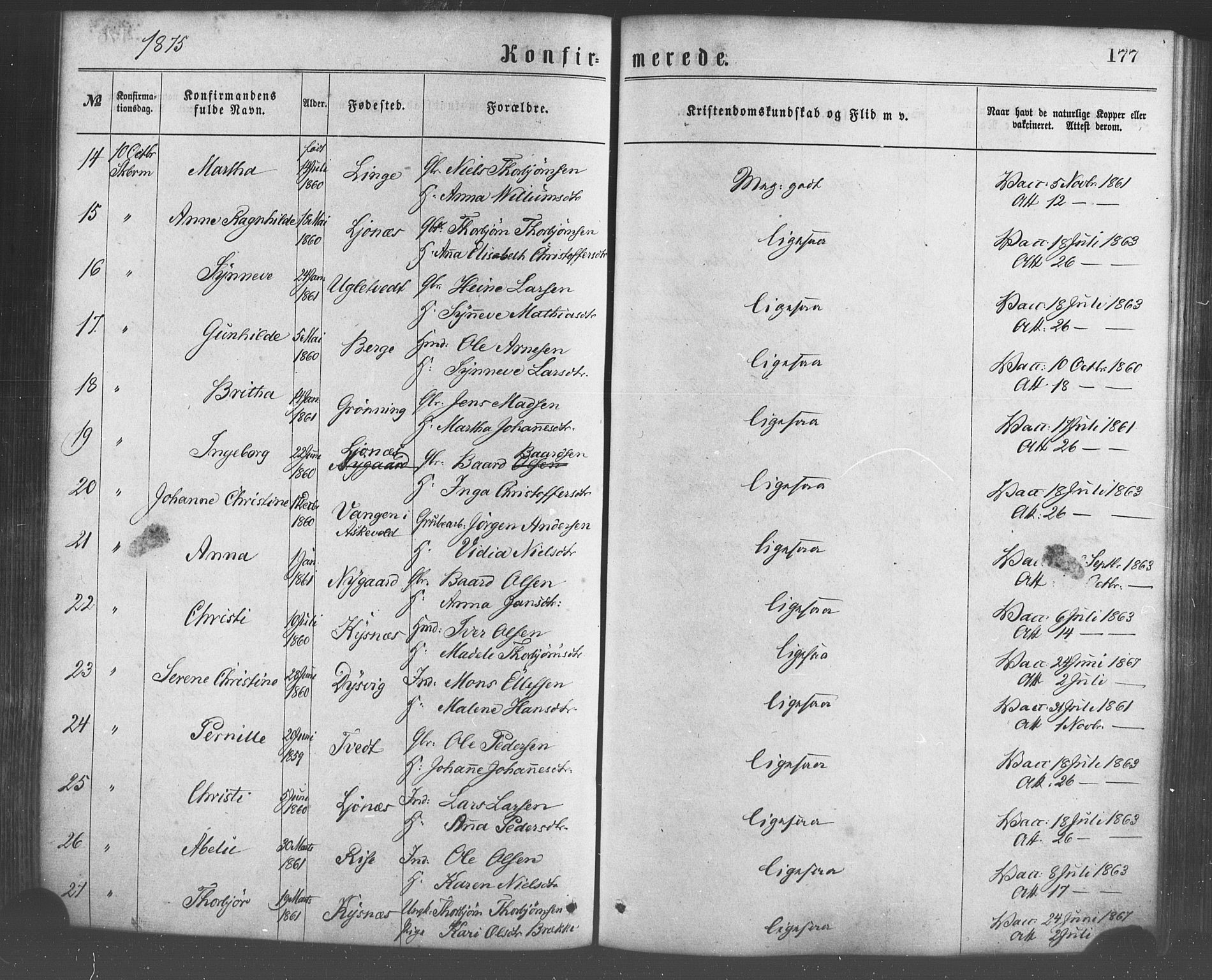 Strandebarm sokneprestembete, AV/SAB-A-78401/H/Haa: Ministerialbok nr. A 9, 1872-1886, s. 177