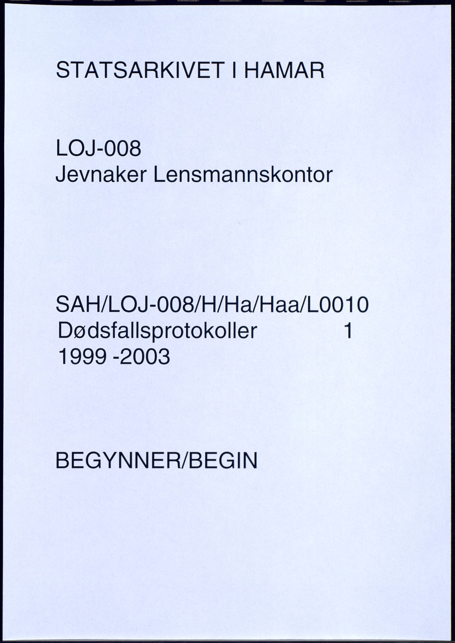 Jevnaker lensmannskontor, AV/SAH-LOJ-008/H/Ha/Haa/L0010: Dødsfallsprotokoller, 1999-2003