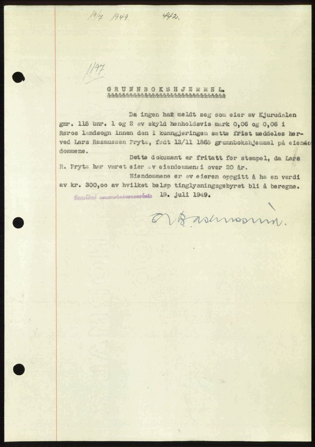 Gauldal sorenskriveri, SAT/A-0014/1/2/2C: Pantebok nr. A8, 1949-1949, Dagboknr: 1197/1949