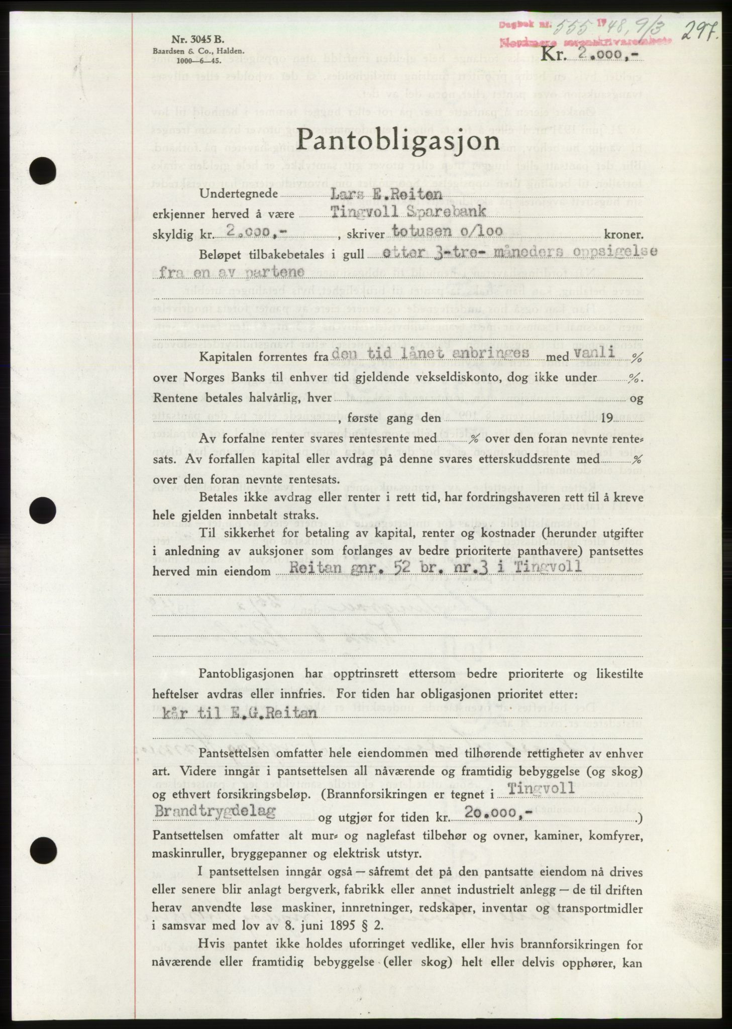 Nordmøre sorenskriveri, SAT/A-4132/1/2/2Ca: Pantebok nr. B98, 1948-1948, Dagboknr: 555/1948