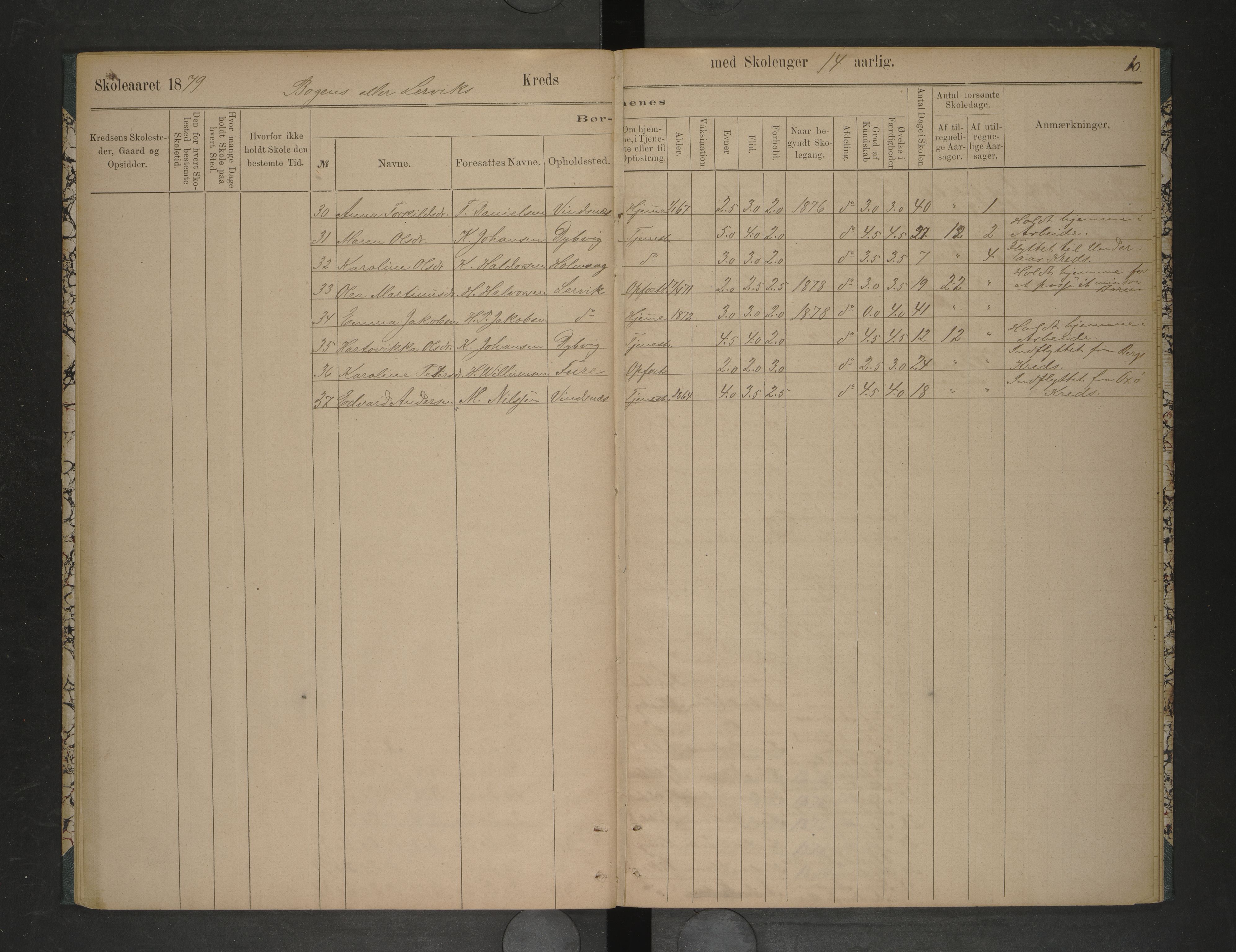 Steigen kommune. Ymse skolekretser, AIN/K-18480.510.01/F/Fc/L0017: Bergs/Bognes/Lervik, 1878-1883