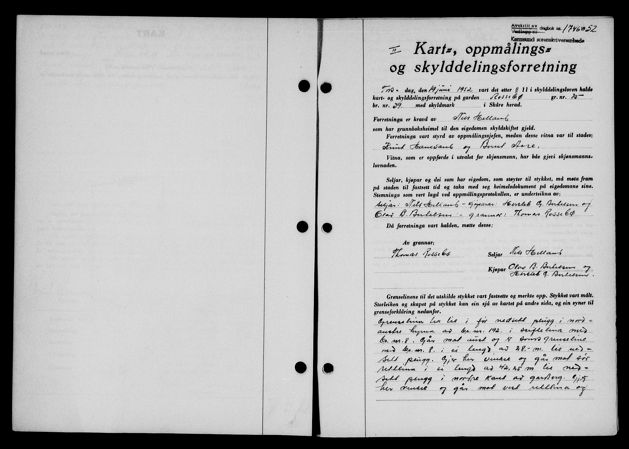 Karmsund sorenskriveri, SAST/A-100311/01/II/IIB/L0105: Pantebok nr. 85A, 1952-1952, Dagboknr: 1746/1952