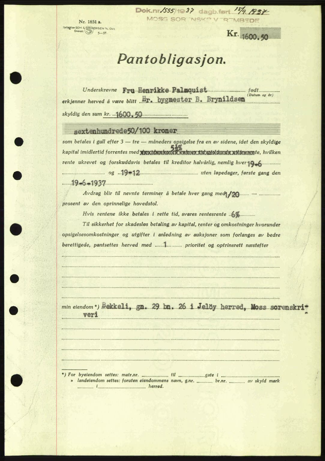 Moss sorenskriveri, SAO/A-10168: Pantebok nr. B4, 1937-1938, Dagboknr: 1555/1937