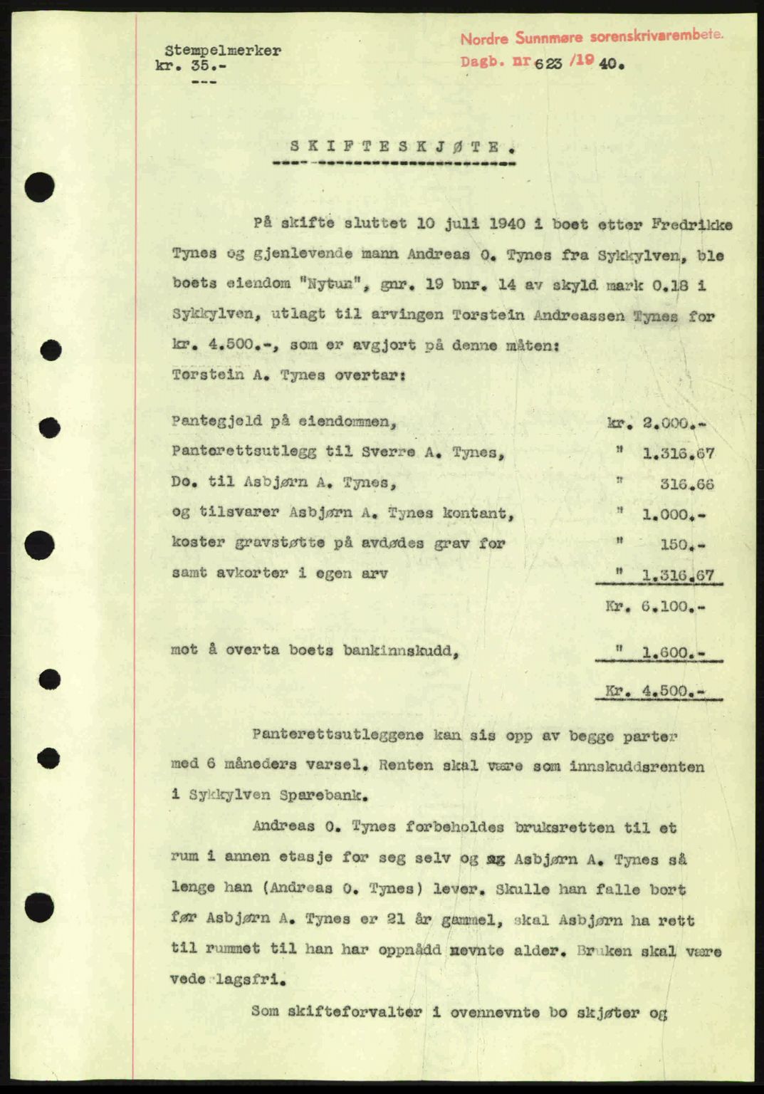 Nordre Sunnmøre sorenskriveri, AV/SAT-A-0006/1/2/2C/2Ca: Pantebok nr. A8, 1939-1940, Dagboknr: 623/1940